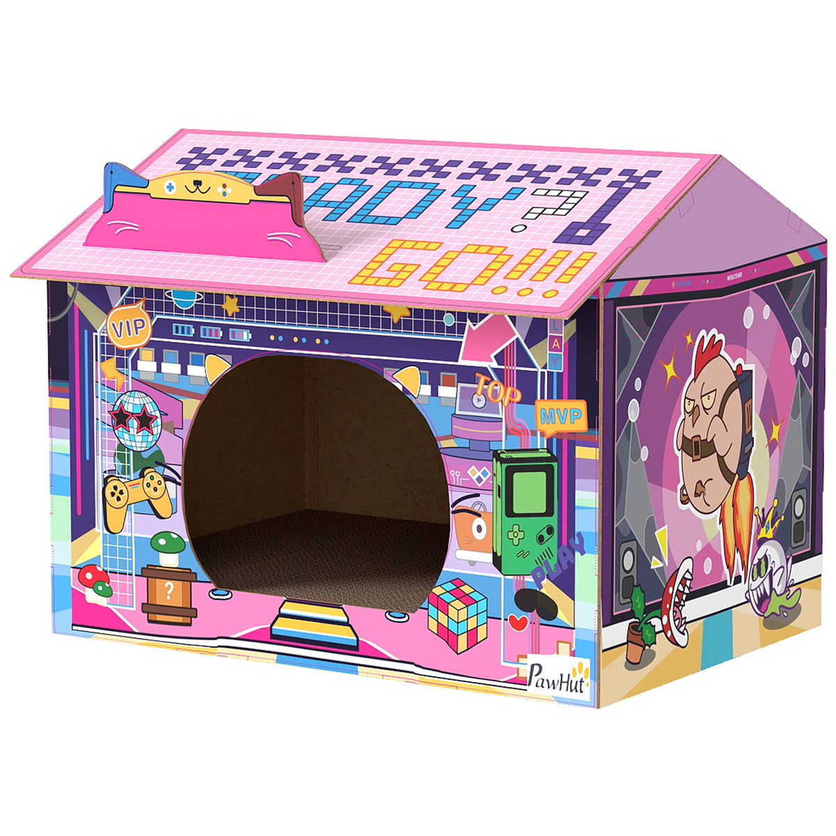 PawHut 2 in 1 Gaming Style Cardboard Cat House with Scratching Board & Catnip for Indoor Cats, Pink PawHut Default Title