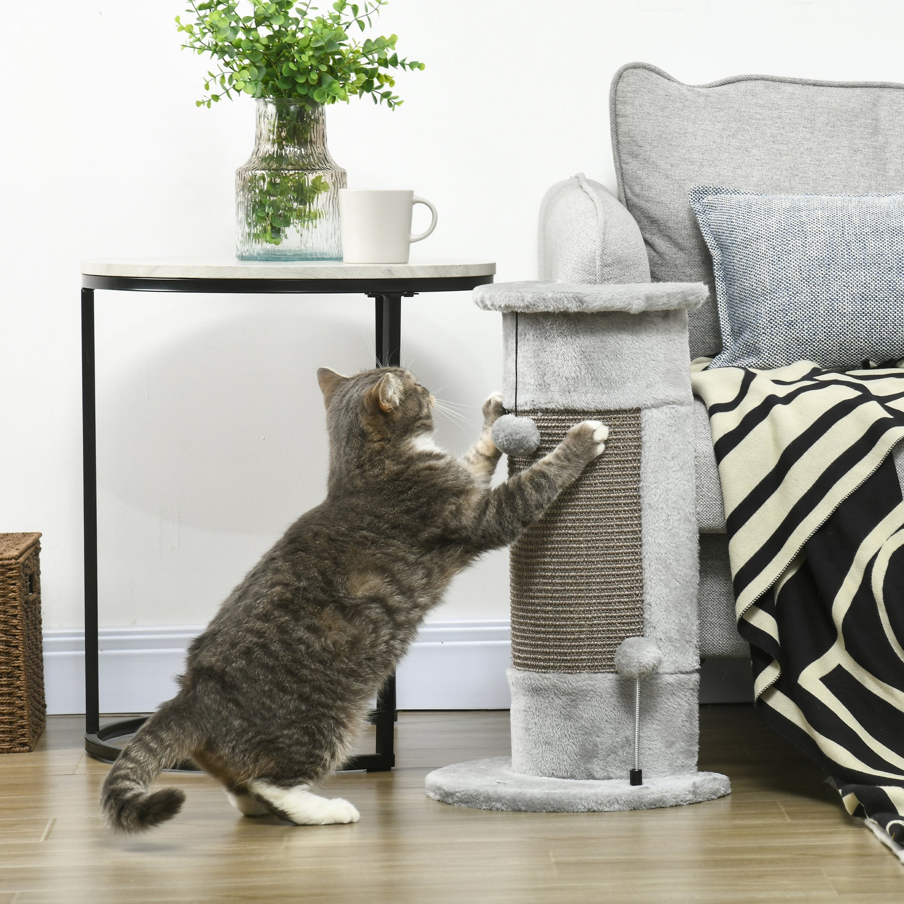 Corner Wall Cat Scratching Post, Claw Scratcher with Plush Cover & Sisal Rope, Play Toy Balls, Grey