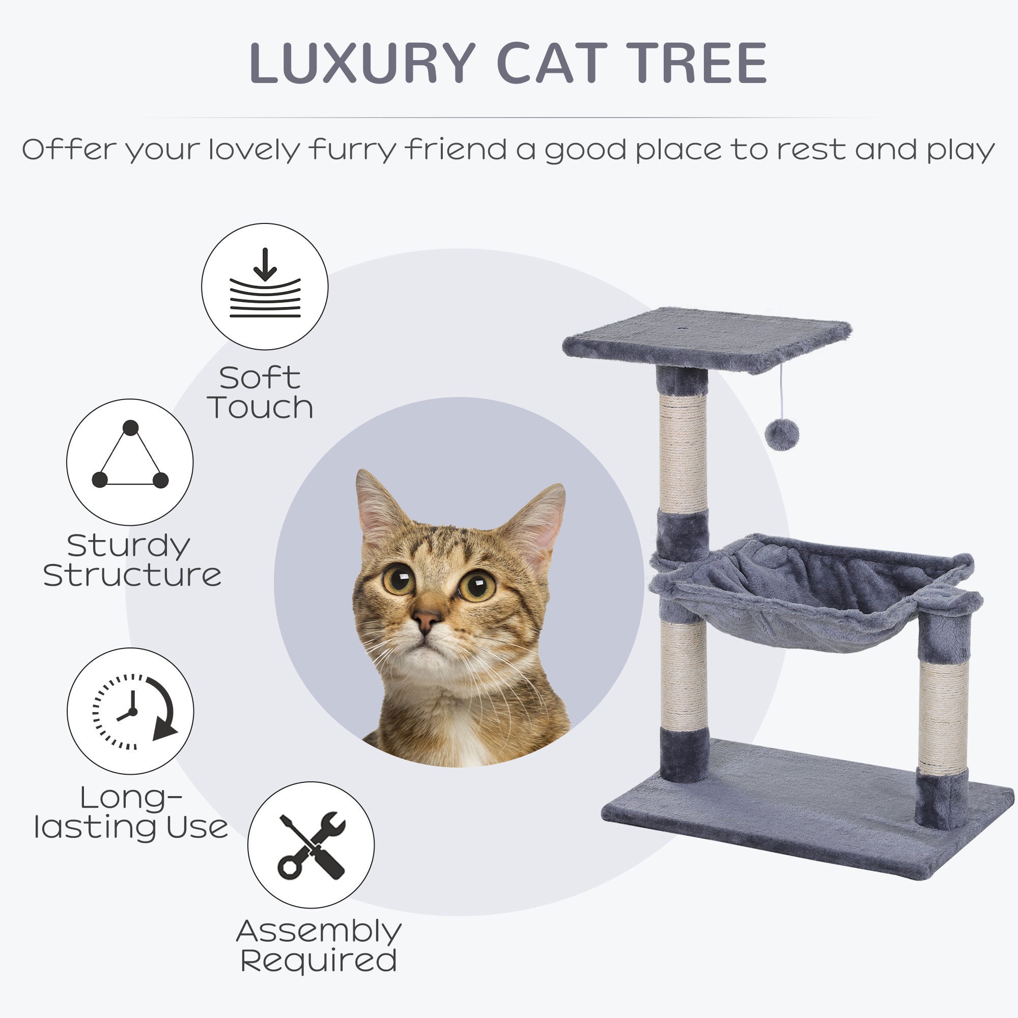 Cat Scratching Post, 2-Tier with Sisal Rope and Dangle Toy, Interactive, Beige