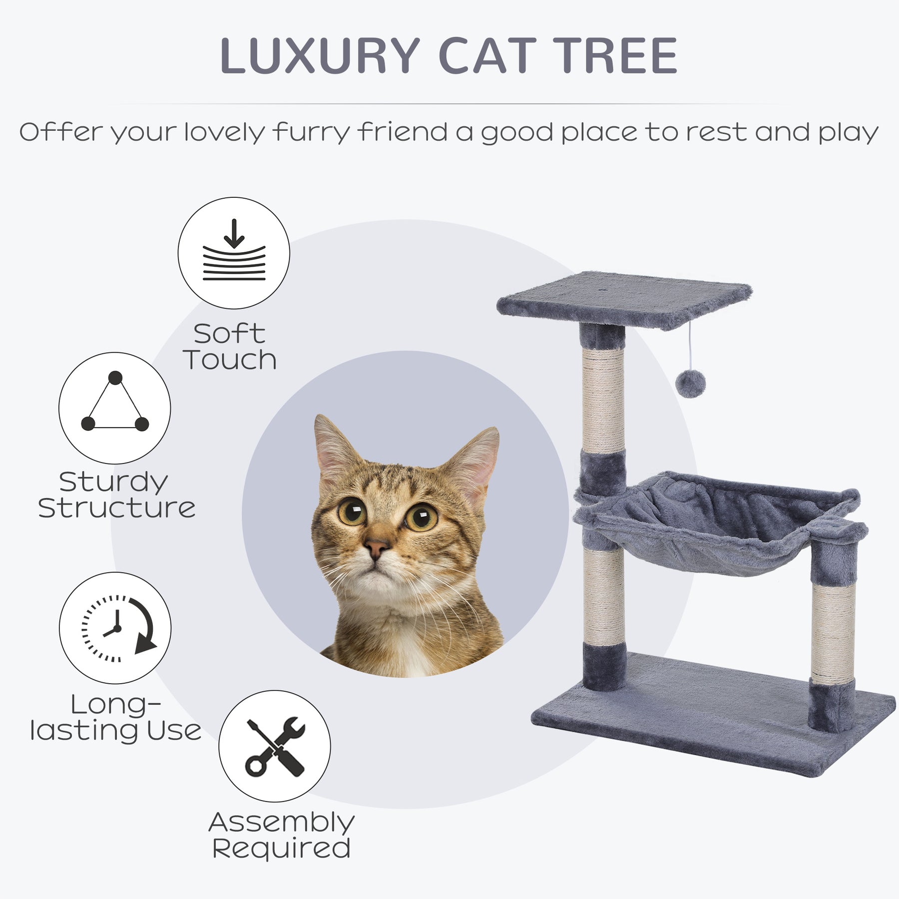 Cat Scratching Post, 2-Tier with Sisal Rope and Dangle Toy, Interactive, Beige