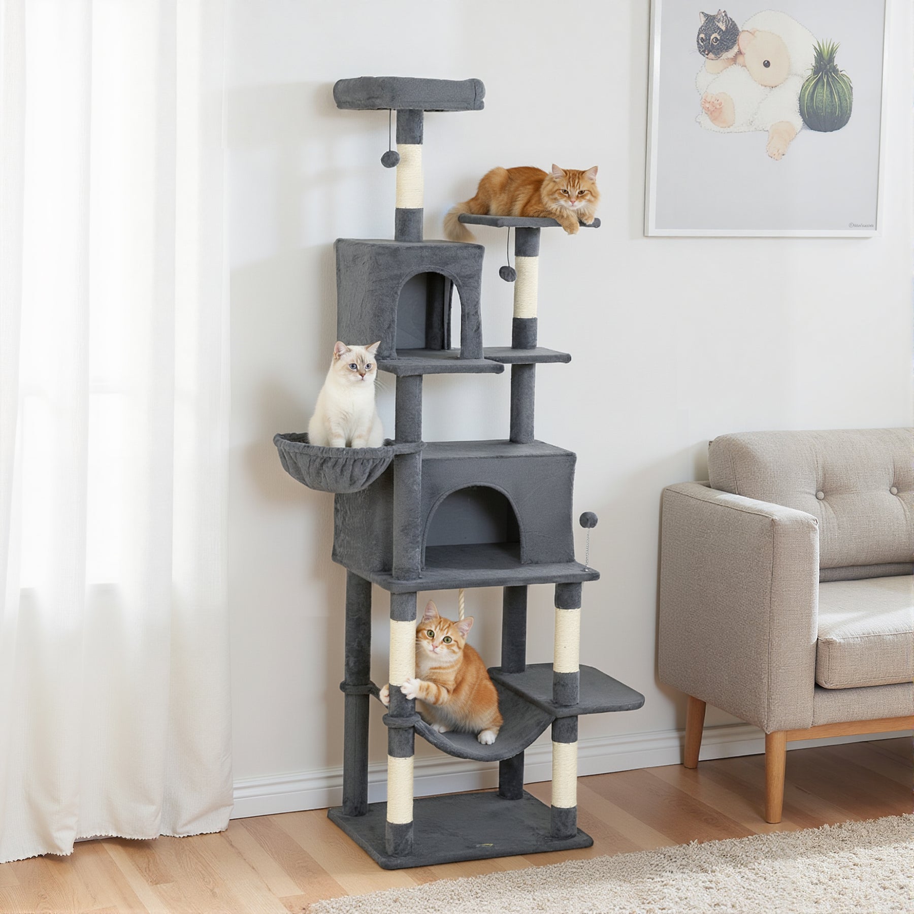 Large Cat Tree with 6 Scratching Posts, 2 Hammocks, 2 Condos, 2 Perches, Pompoms, for Indoor Cats to Rest and Play