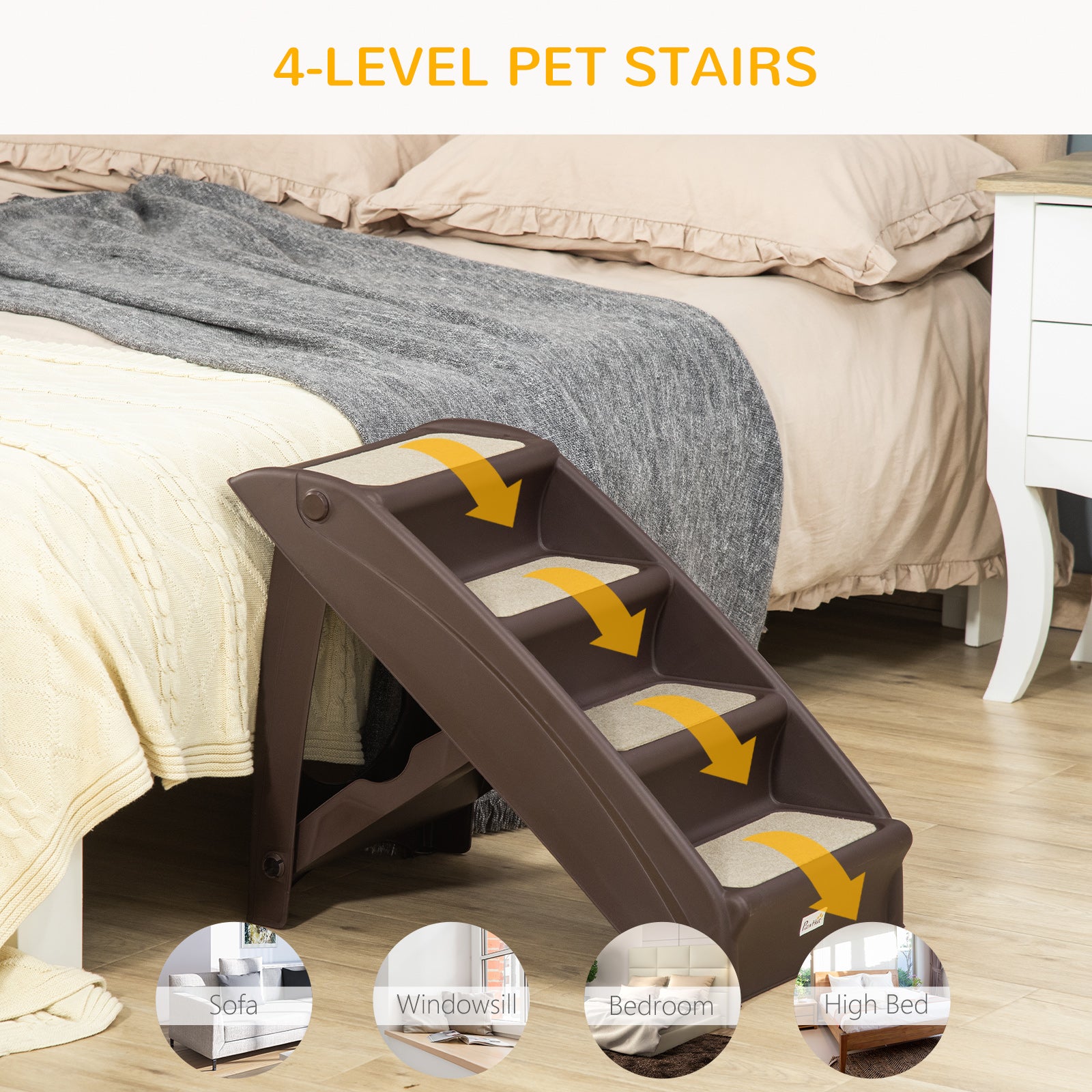 Foldable Pet Stairs, 4-Step for Cats Small Dogs with Non-slip Mats, Dark Brown