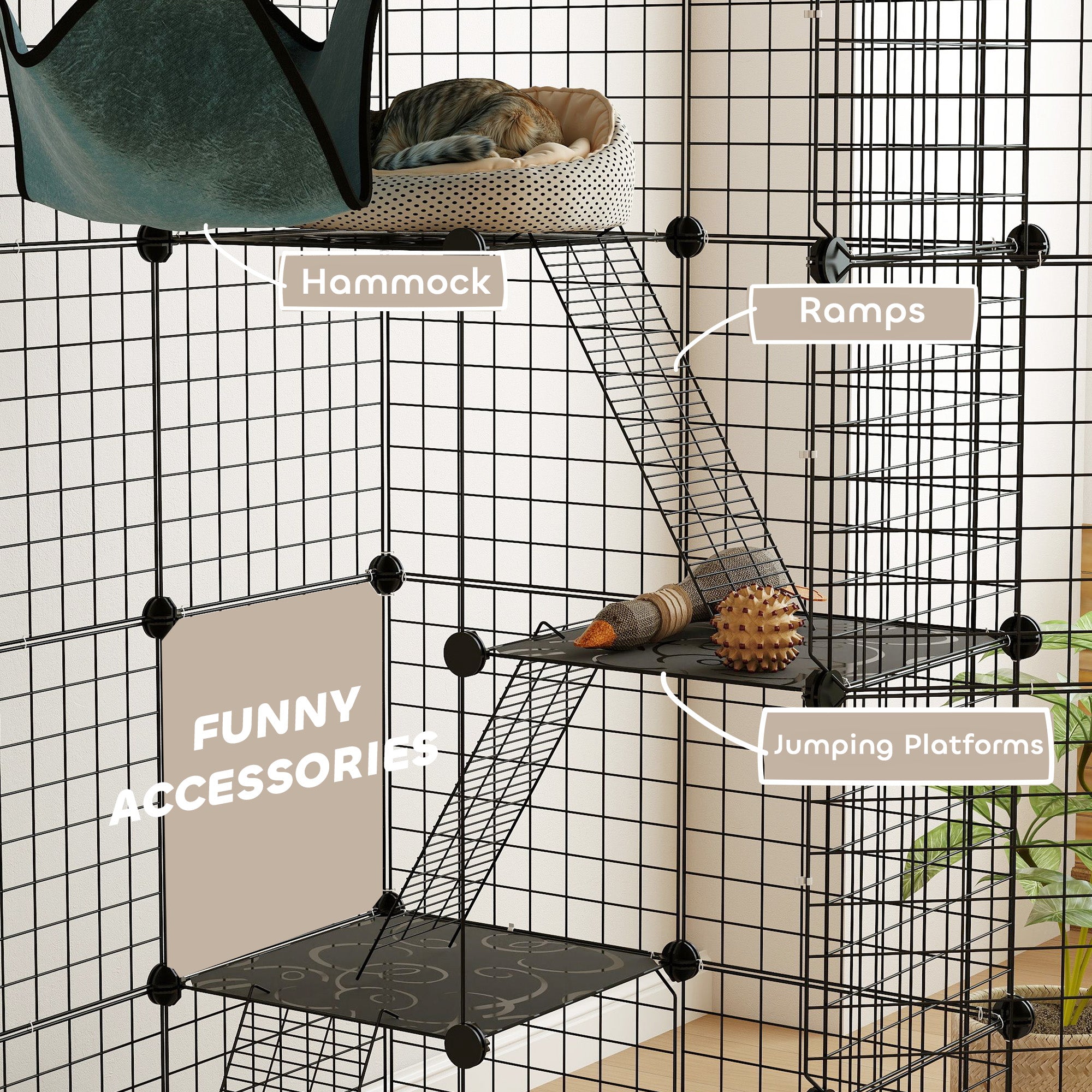 4-Tier DIY Large Cat Cage with Hammock, Ramps, 5 Doors, Indoor Use for 1-3 Cats, Black