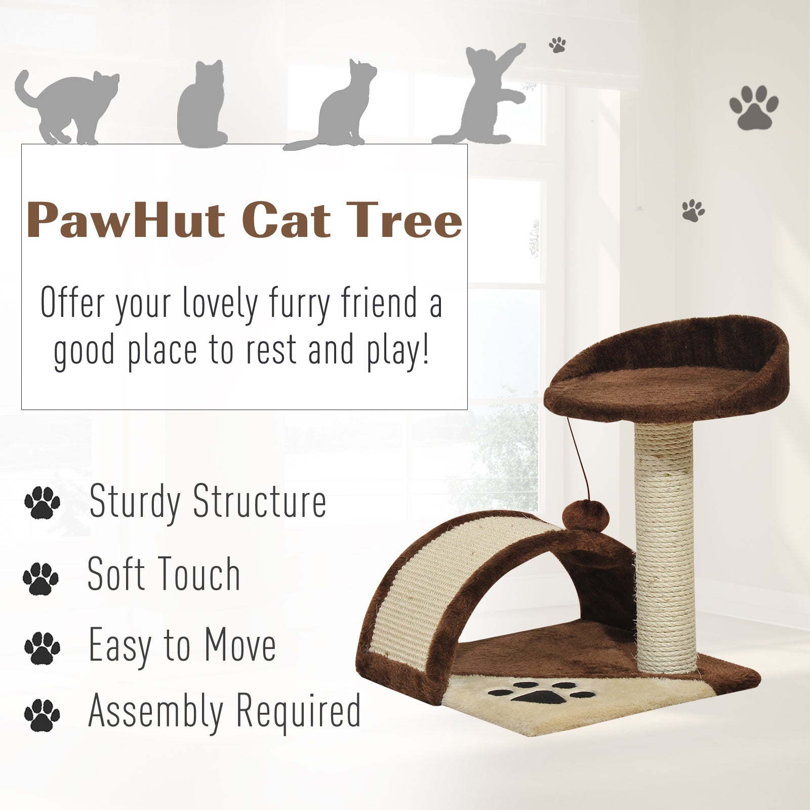 Cat Scratching Post, Indoor Activity Centre, Kitten Climber with Scratcher, Hanging Ball, Brown