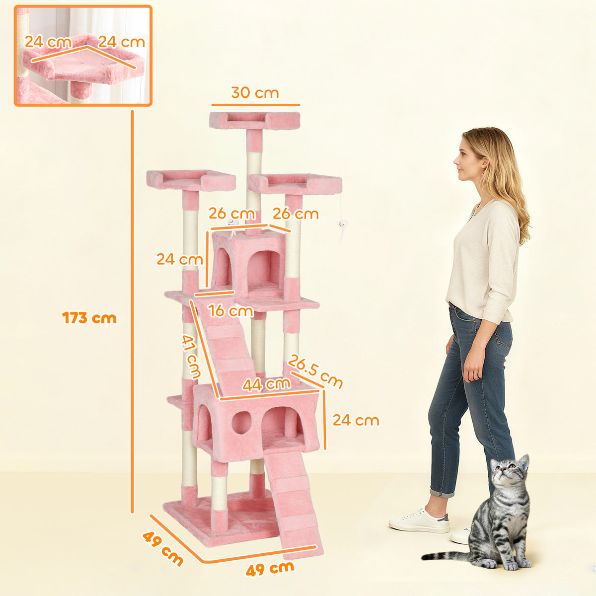 PawHut 173cm Cat Tree Scratching House, Activity Play Centre, Pink PawHut