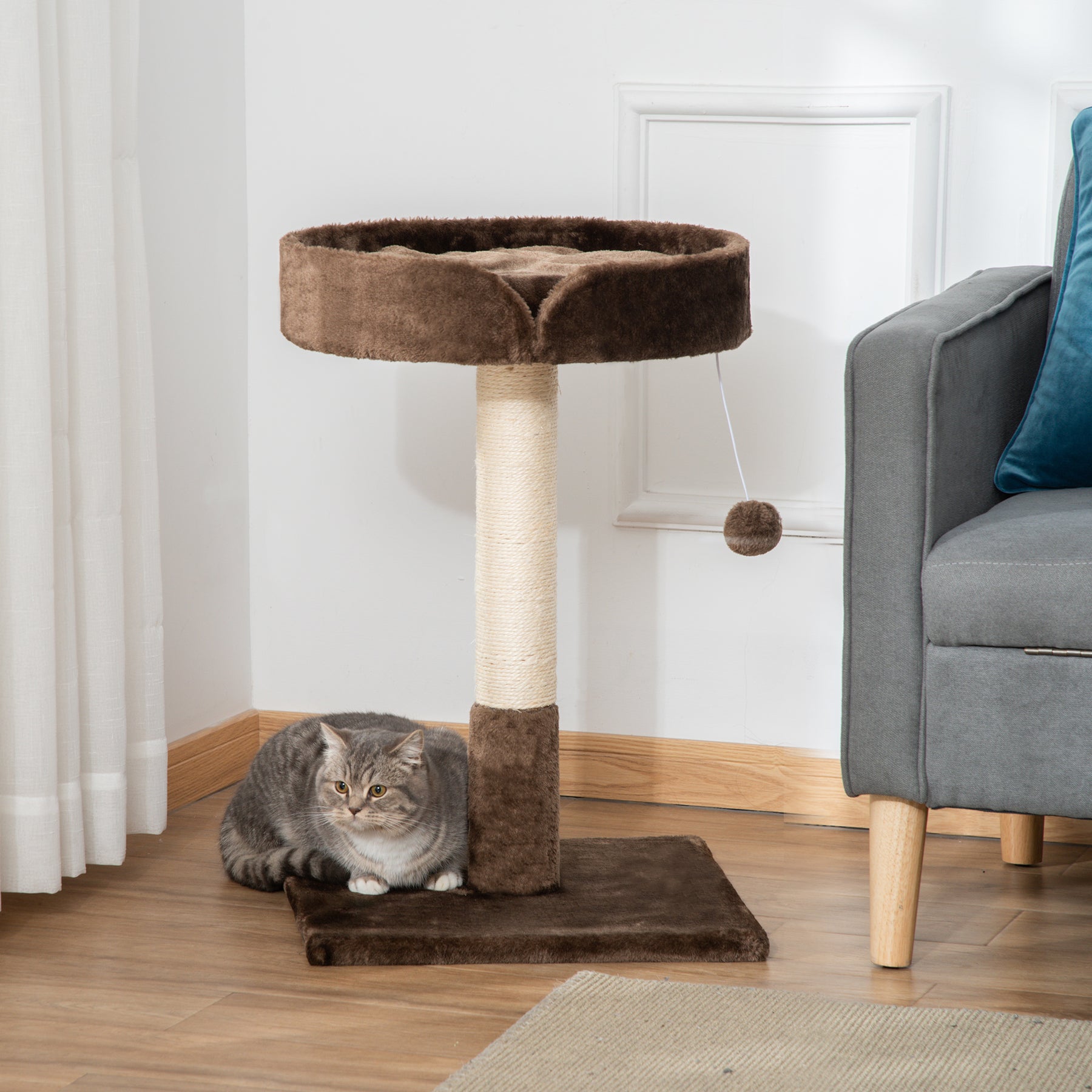Compact Cat Tree, Sisal Scratching Post, Soft Bed, Play Toy, for Kittens, Brown,