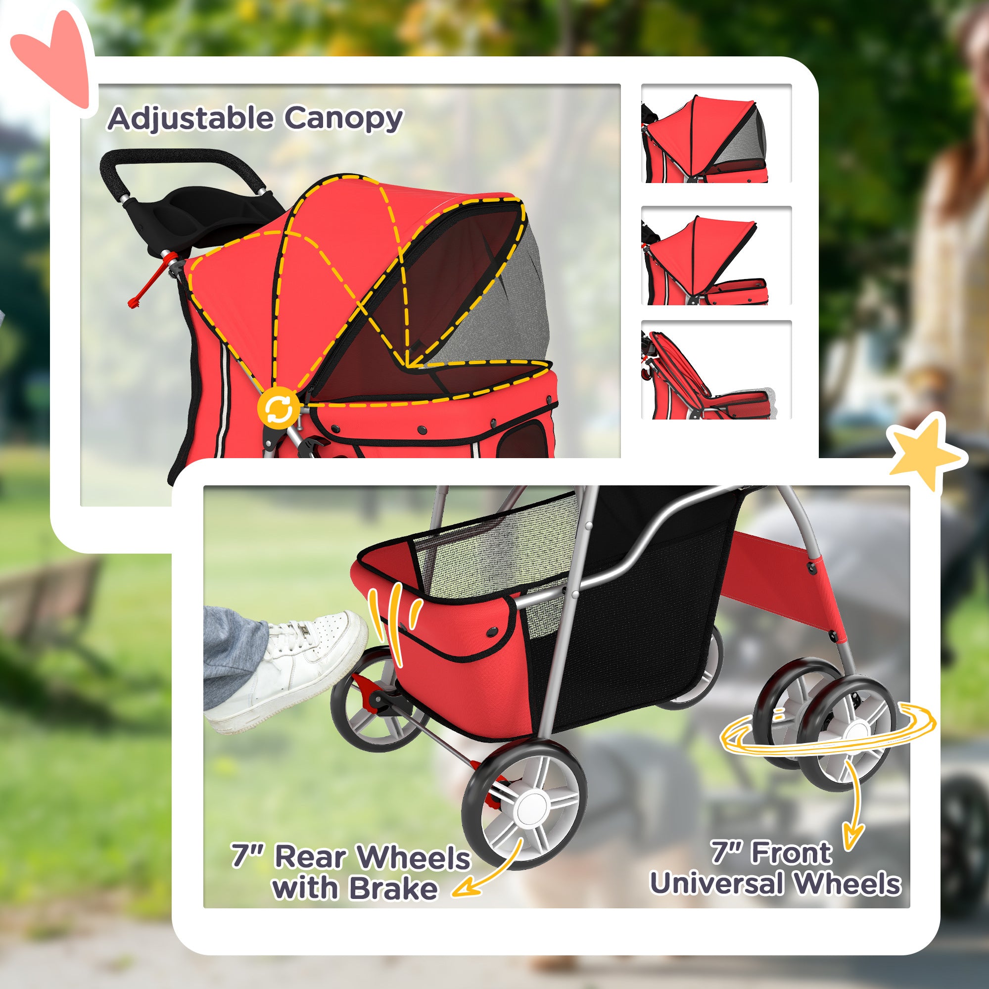 Dog Pram, Pet Stroller with Reflective Strips, Foldable Cat Stroller with 360° Swivel Wheels, Red