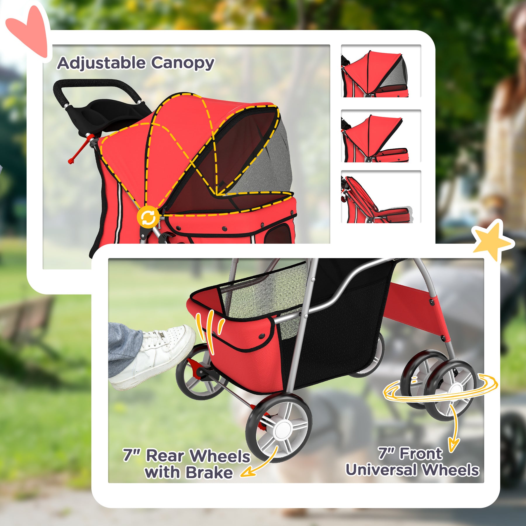 Dog Pram, Pet Stroller with Reflective Strips, Foldable Cat Stroller with 360° Swivel Wheels, Red