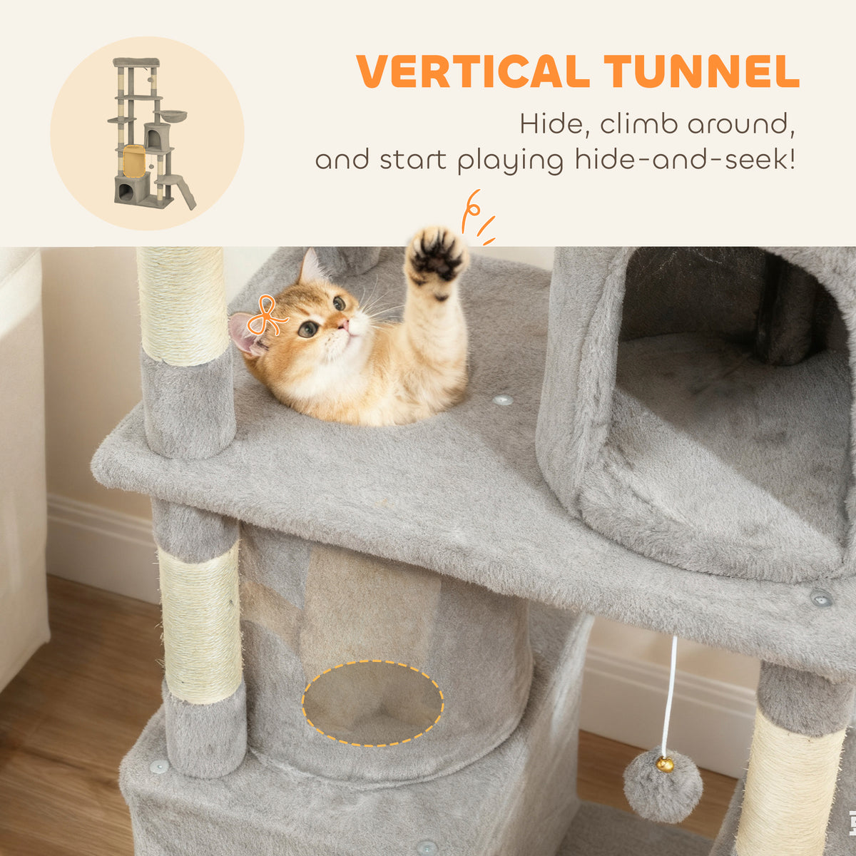 PawHut 170 cm Large Cat Tree, Cat Tower with 7 Scratching Posts, 2 Condos, Hammock, Light Grey PawHut