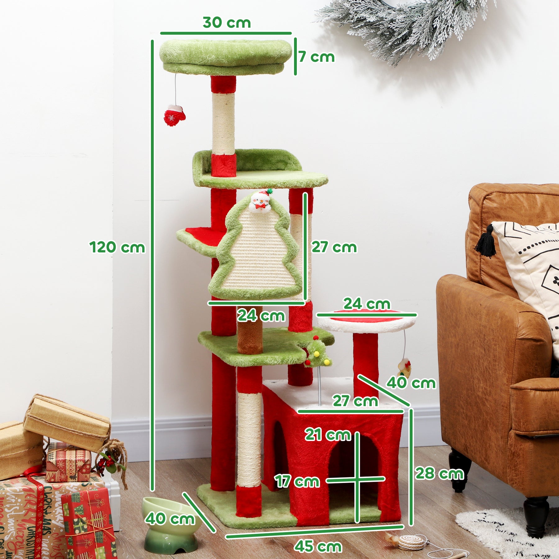 Cat Tree, Christmas Cat Tower with 3 Scratching Posts, Scratching Board, 2 Perches, Platforms, Toys, Green