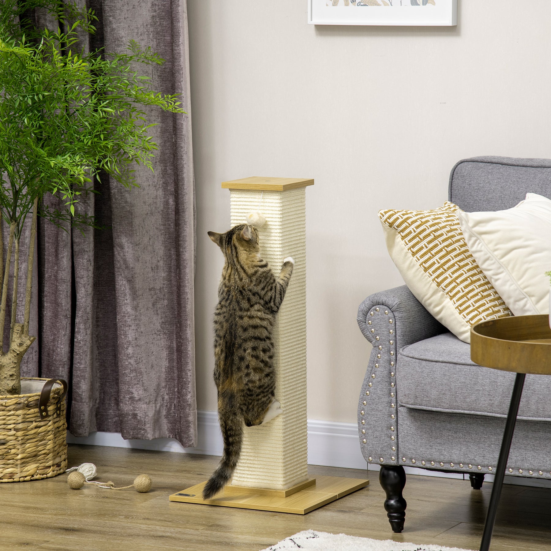 Tall Cat Scratching Post, 80cm Sisal Rope Climbing Tree with Play Ball, Durable Pet Activity Centre