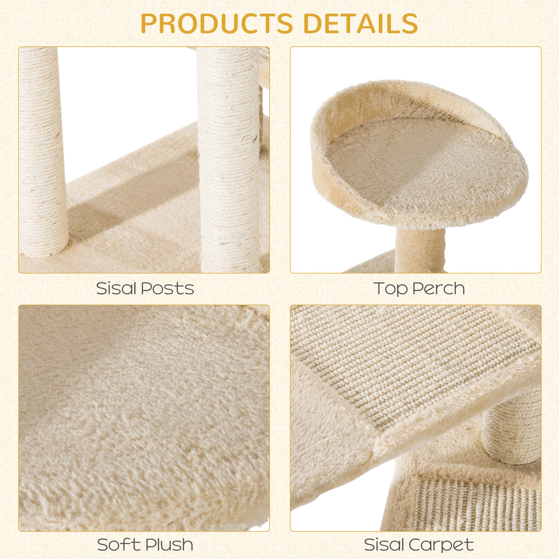 Beige Cat Tree, Kitten Scratching Post, Sisal Climbing Tower, Activity Centre, Sturdy