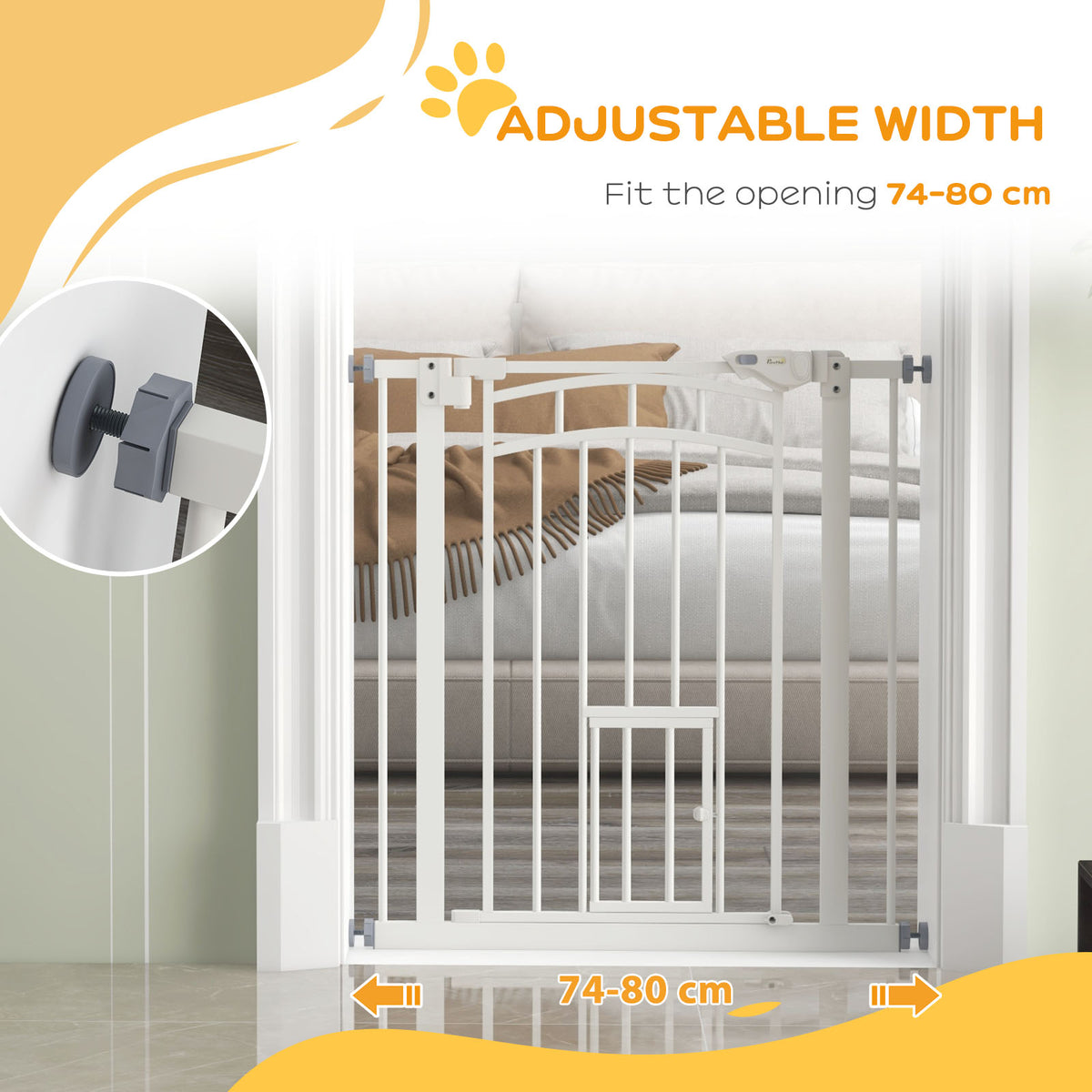 PawHut Pressure Fit Stair Gate, Dog Gate w/ Small Cat Door, Auto Closing System, Double Locking Openings, 74-80cm - White PawHut