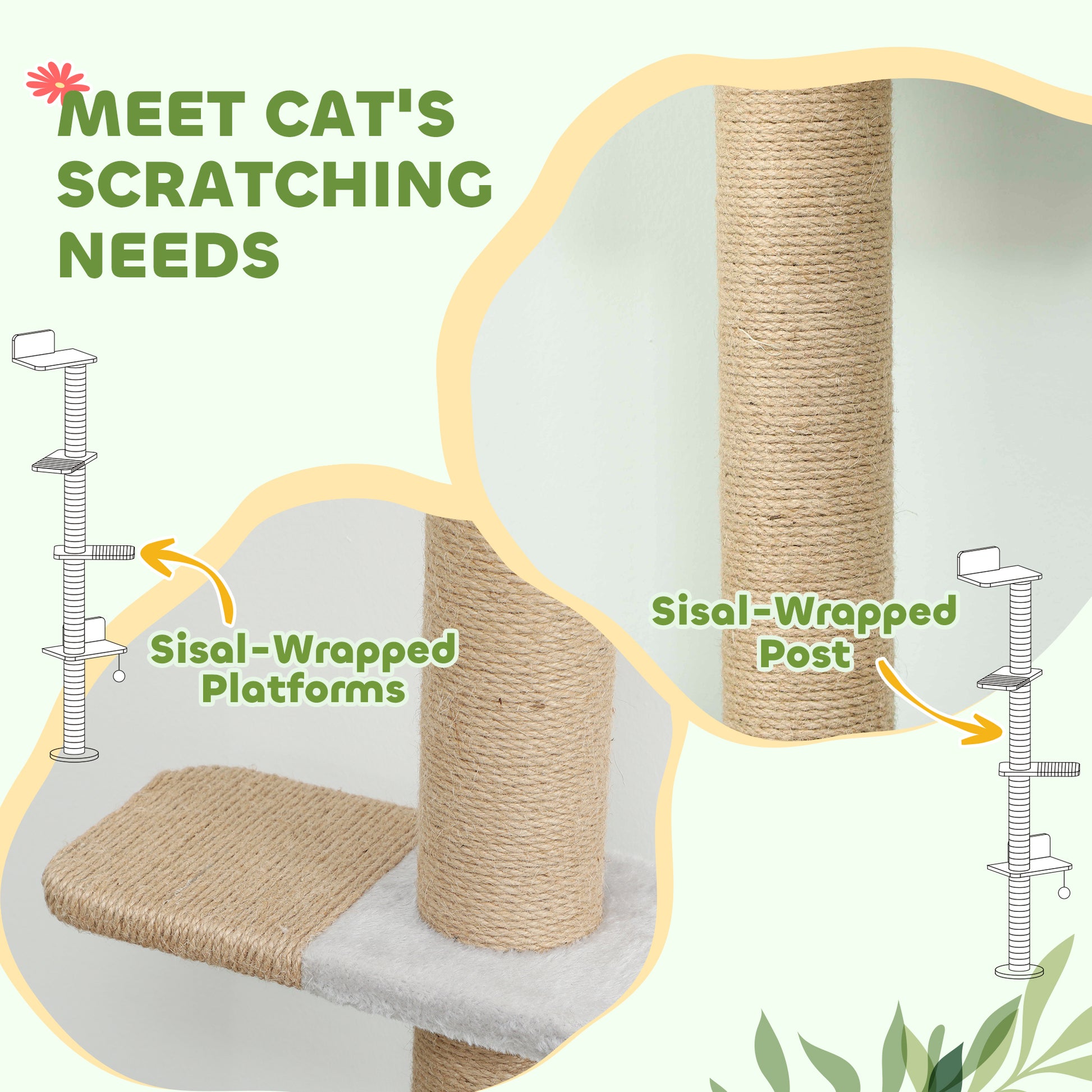 Wall Mounted Cat Shelves, Cat Climbing Wall with 4 Climbing Platforms, Jute Scratching Post and Toy Ball  Light Grey
