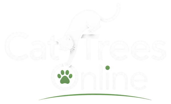 Cat Trees Online Logo with a green paw print and curved line on a white background