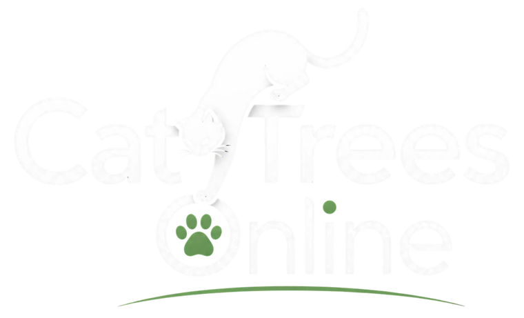 Cat Trees Online Logo with a green paw print and curved line on a white background