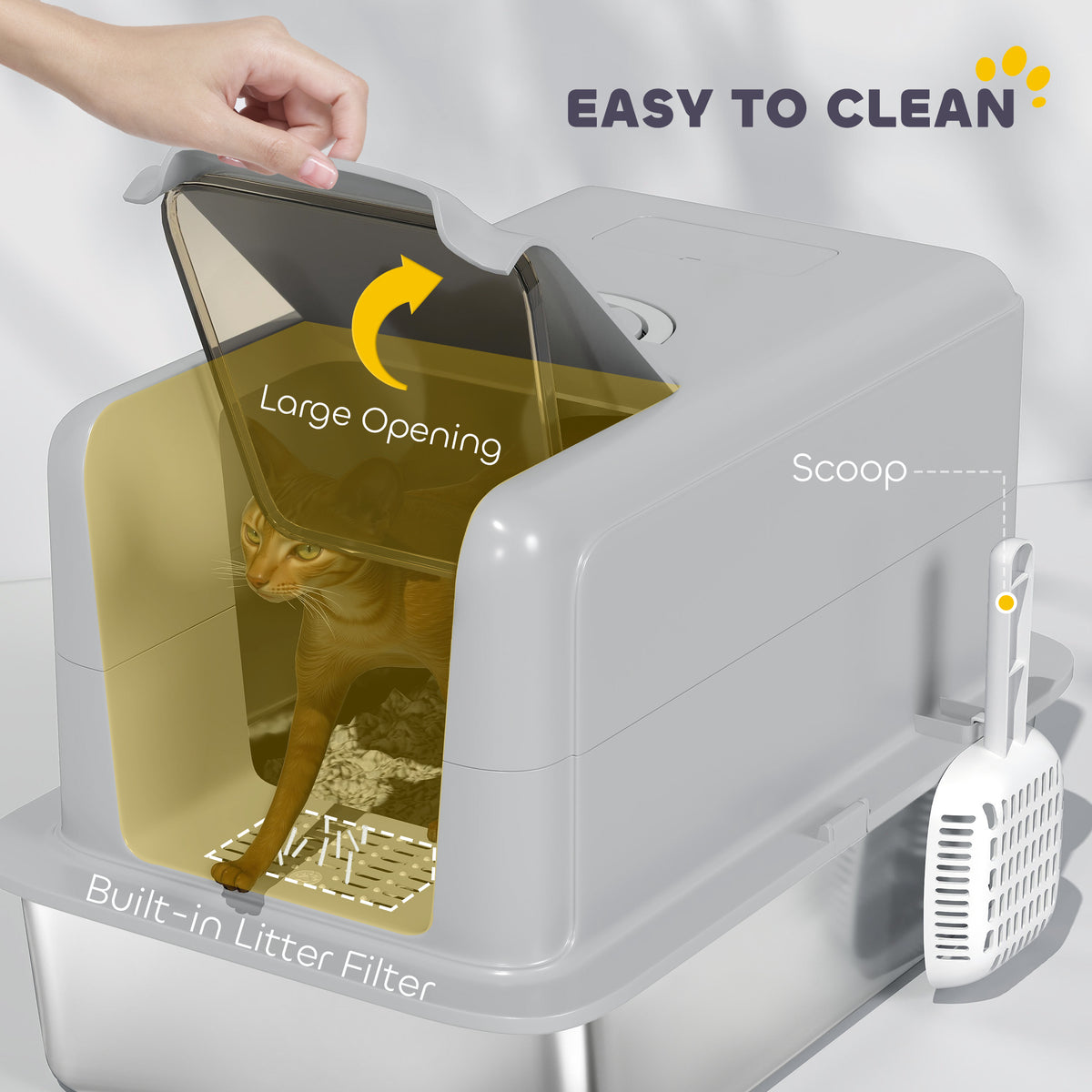 PawHut Stainless Steel Cat Litter Box with Removable Lid, Scoop, Filter Bags, for Larger Cats, Grey PawHut