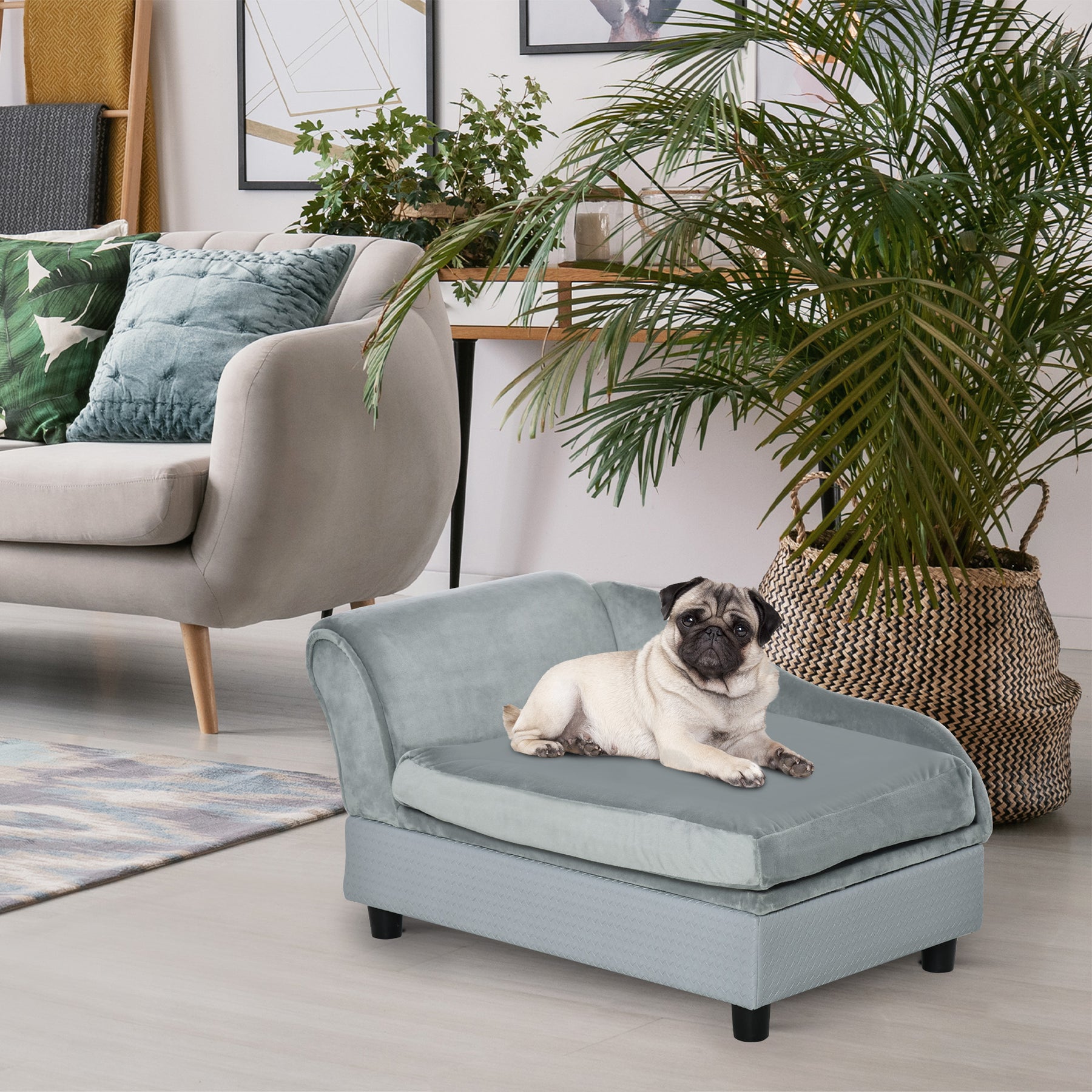 Pet Chair with Storage for Small Dogs, Cat Sofa with Soft Cushion, Light Blue
