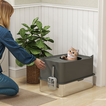 PawHut Stainless Steel Cat Litter Tray, Extra Large Enclosed Litter Box with Scoop, Top Entrance, Non-slip Pads, Dark Grey PawHut