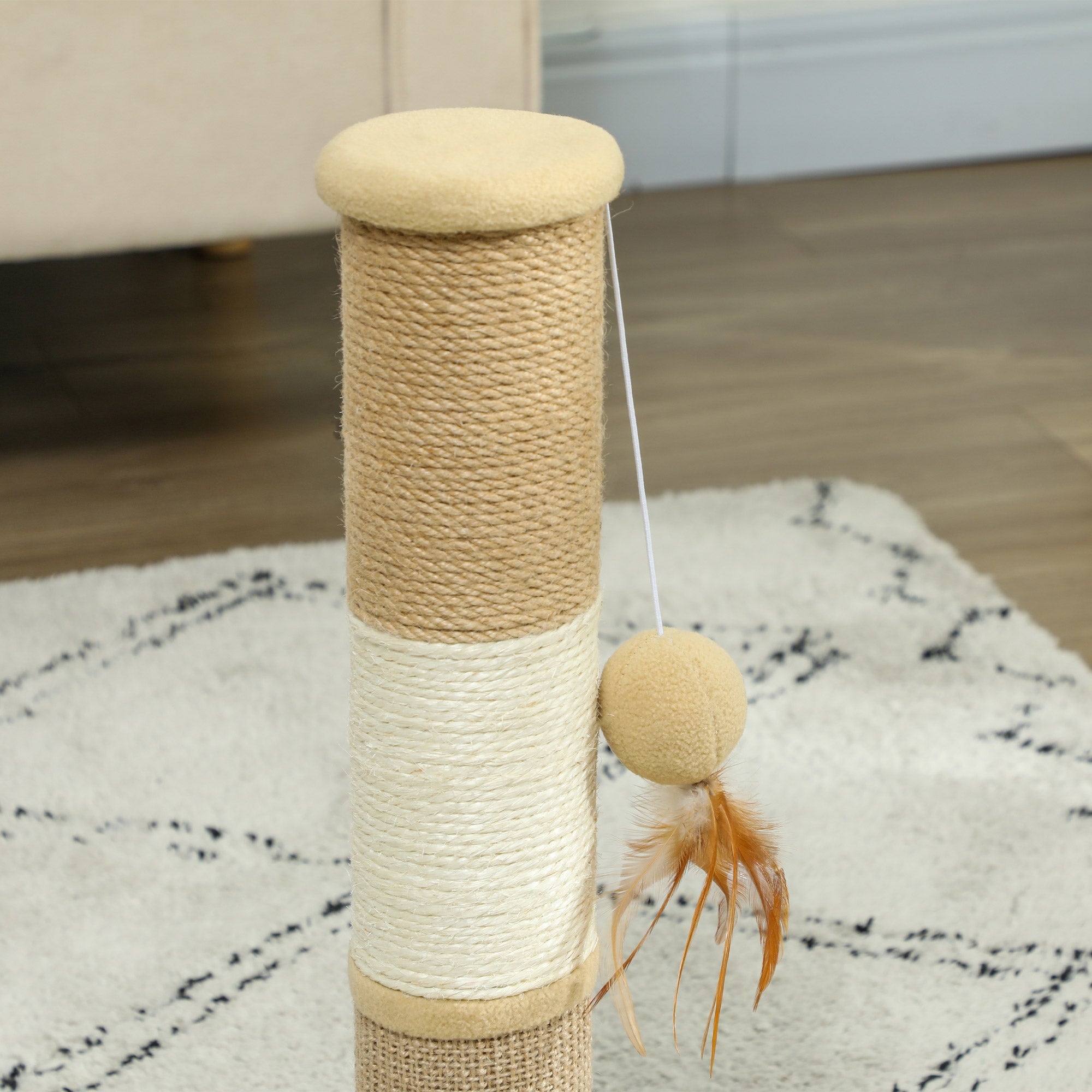 Cat Scratching Post for Indoor Cats, Cat Scratcher with Jute Sisal Rope, Hanging Toy Ball, Feather, Brown