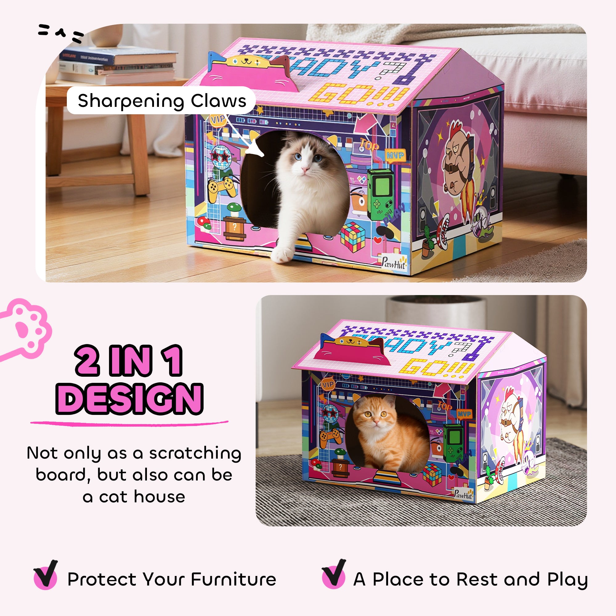 2 in 1 Gaming Style Cardboard Cat House with Scratching Board & Catnip for Indoor Cats, Pink