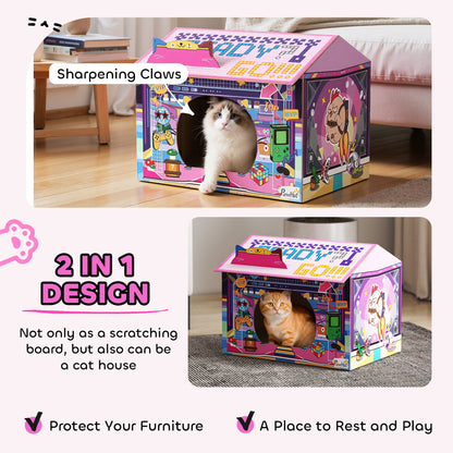 PawHut 2 in 1 Gaming Style Cardboard Cat House with Scratching Board & Catnip for Indoor Cats, Pink PawHut
