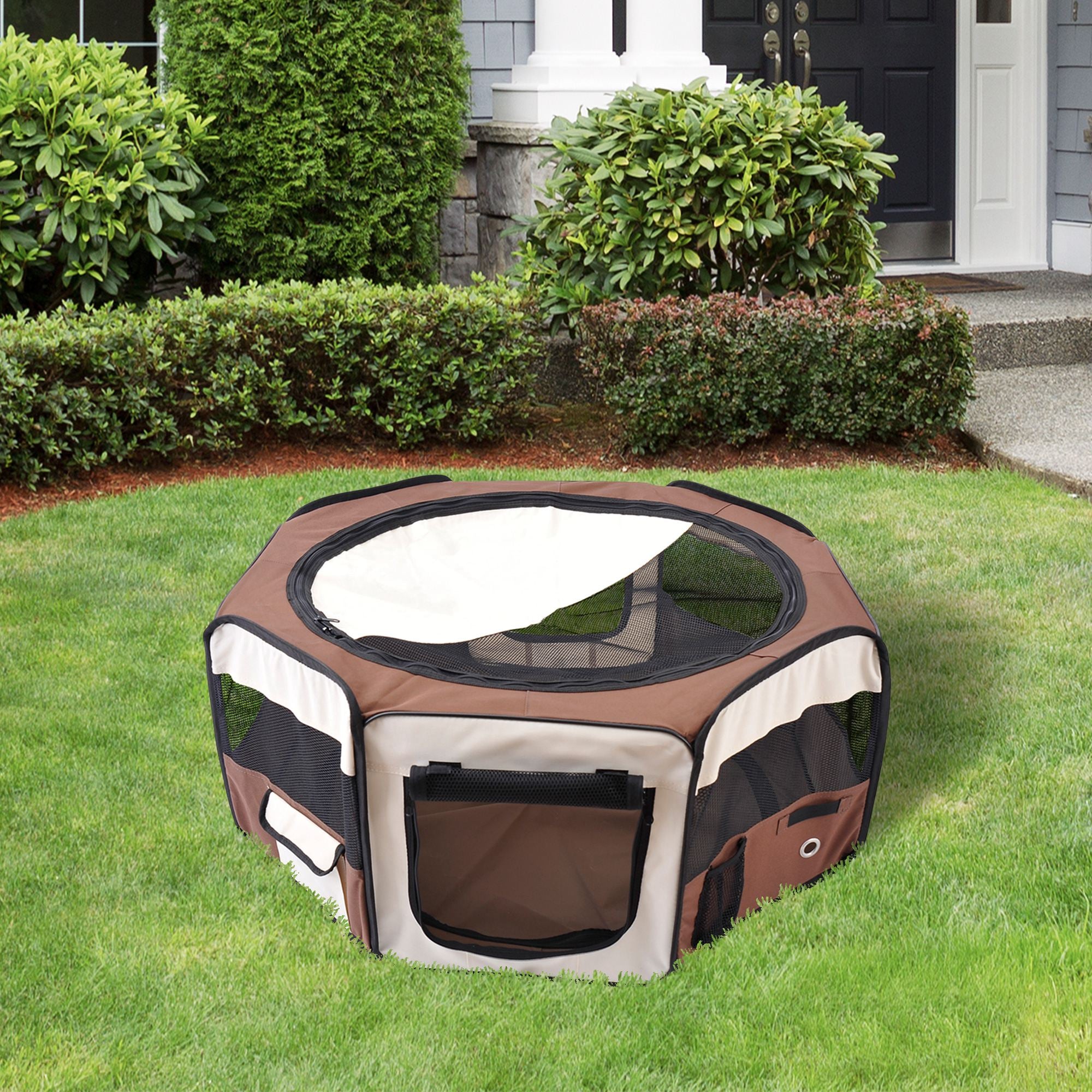 Fabric Pet Puppy Dog Cat Rabbit Pig Guinea Playpen Play Pen Run Brown and Cream
