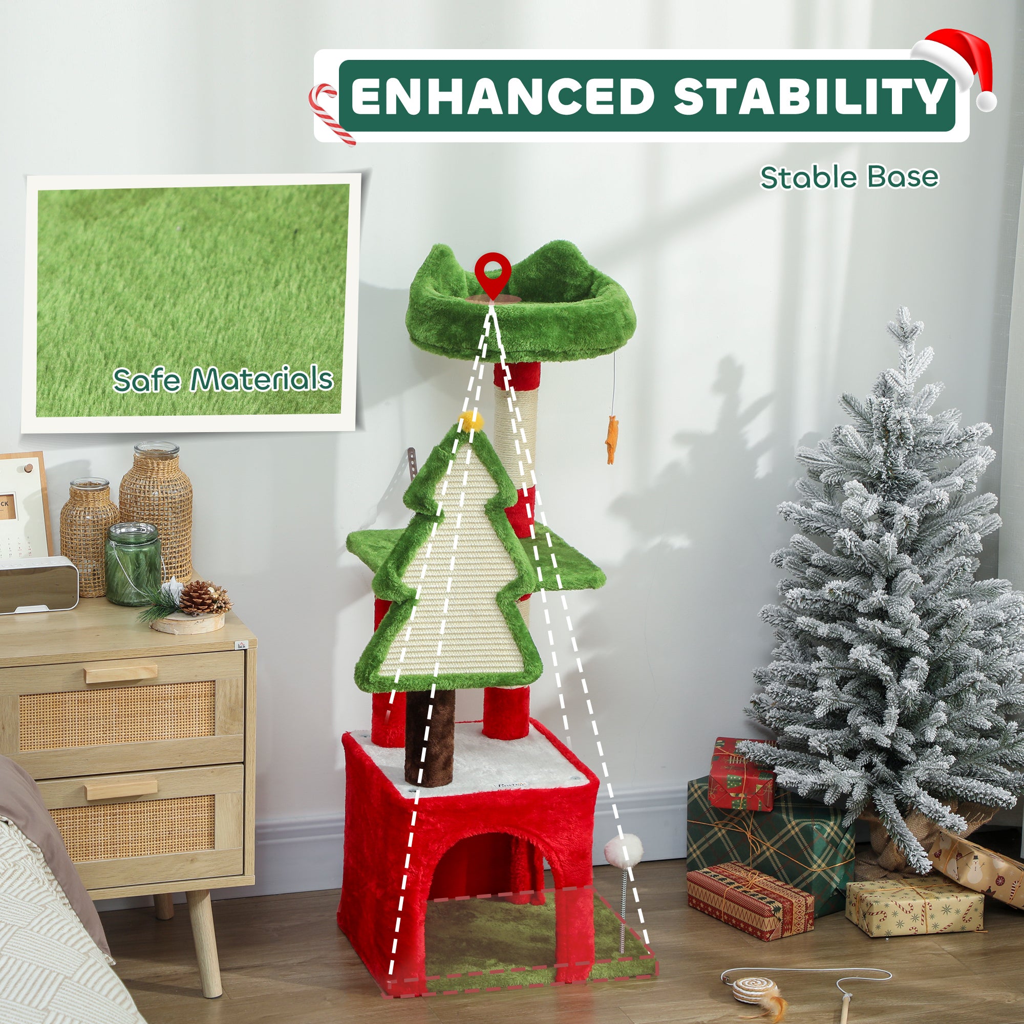 Christmas Cat Tree, Cat Tower with Scratching Post & Board, Platform, Toys, Green