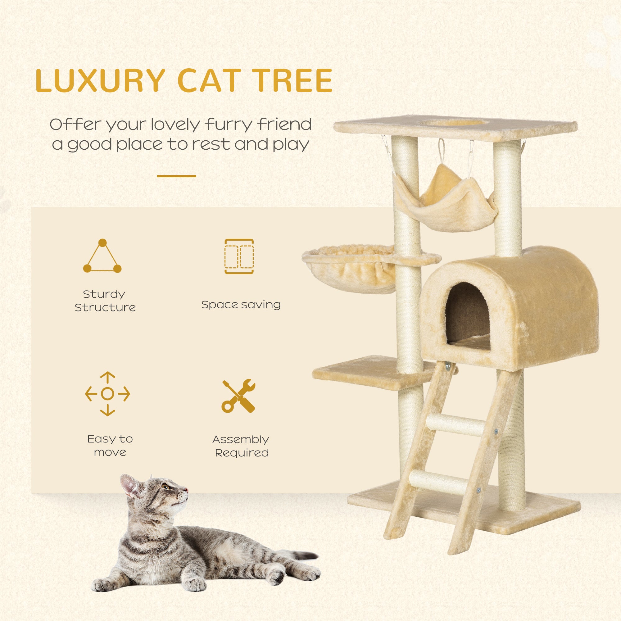Cat Tree with Scratching Post, Hammock, Condo, Basket, Ladder Activity Centre for Kittens Beige