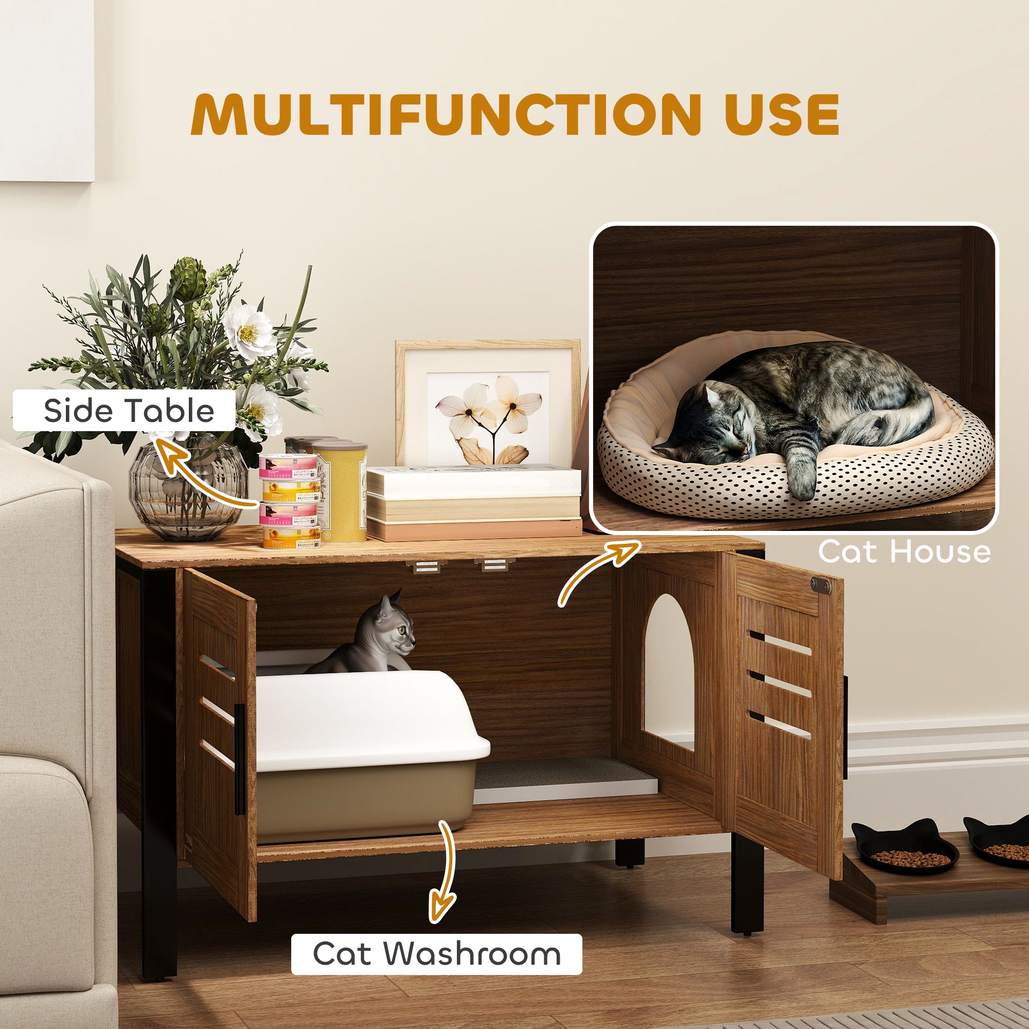 Cat Litter Box Enclosure with Tall Legs, Scratching Board, Double Doors, Ventilation Holes, Dark Brown