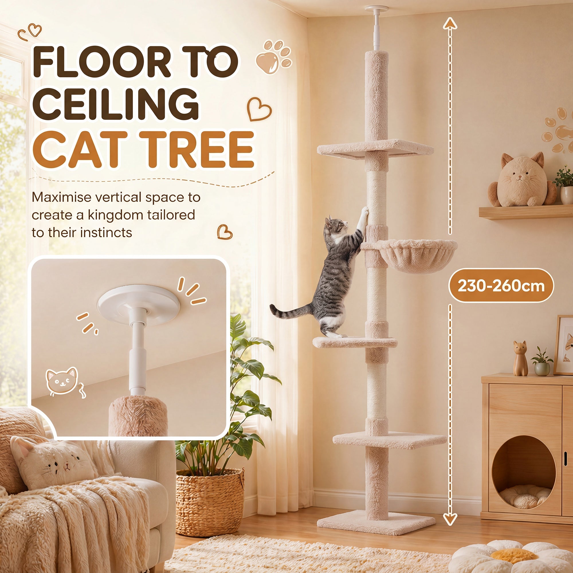 Floor to Ceiling Cat Tree 5-Tier Kitty Tower Activity Center Scratching Post