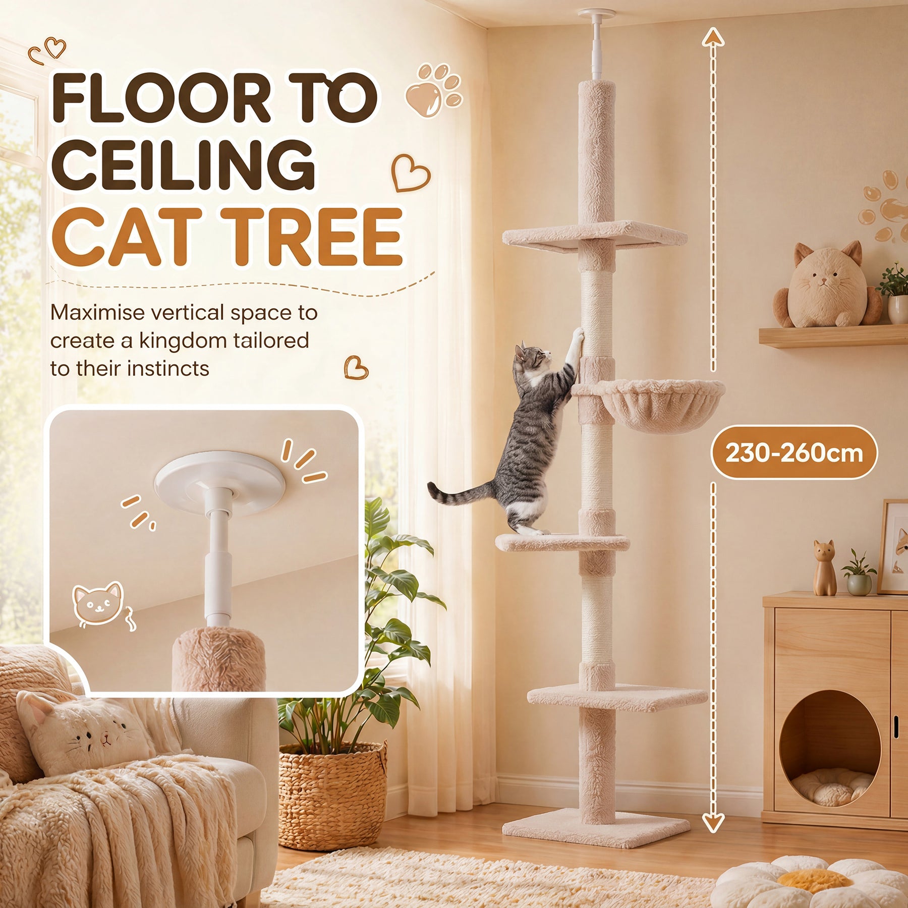 Floor to Ceiling Cat Tree 5-Tier Kitty Tower Activity Center Scratching Post