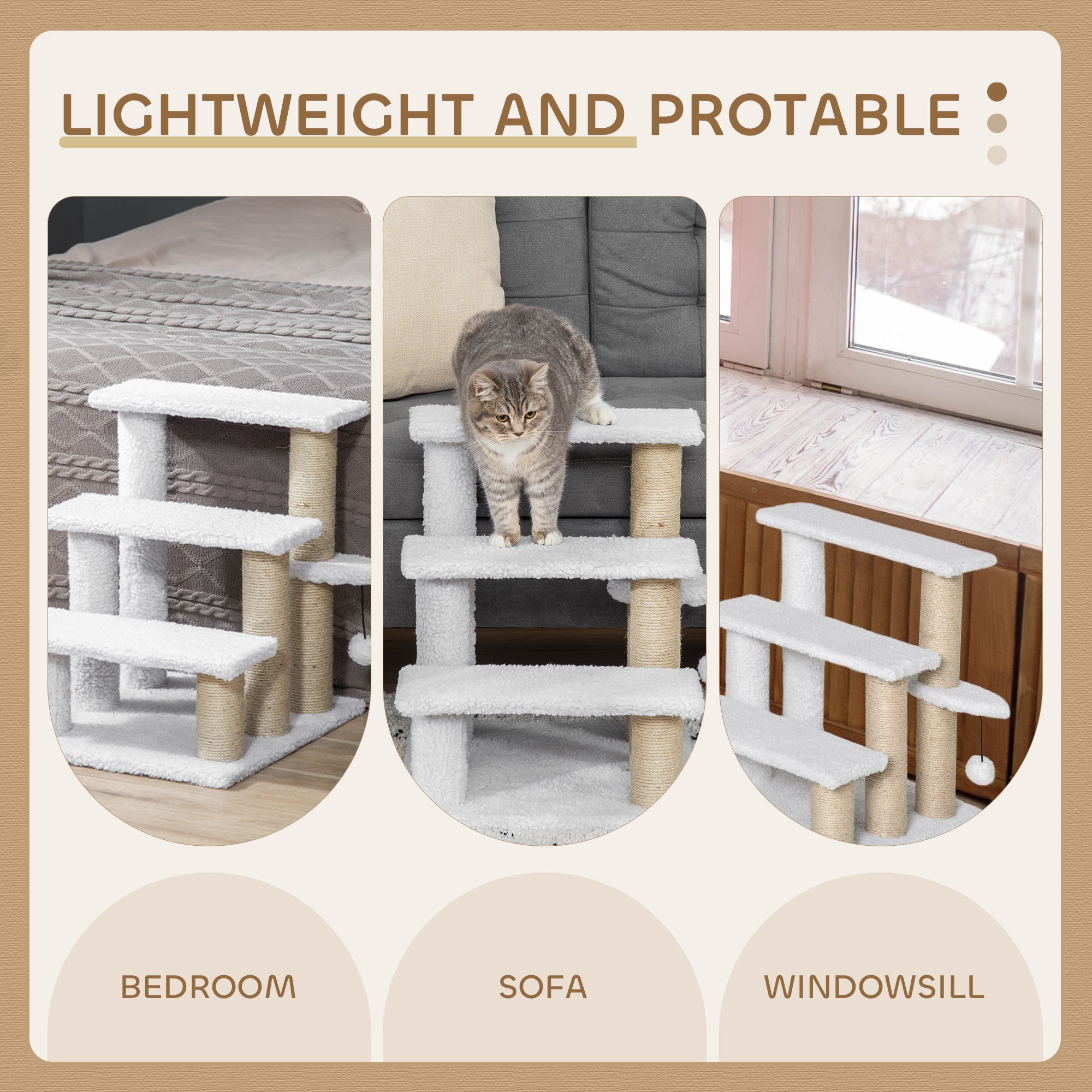 Pet Stair with 3-step Climb Ladder, Scratching Posts, Platforms, Toy Ball, for Indoor Cats Kittens, White