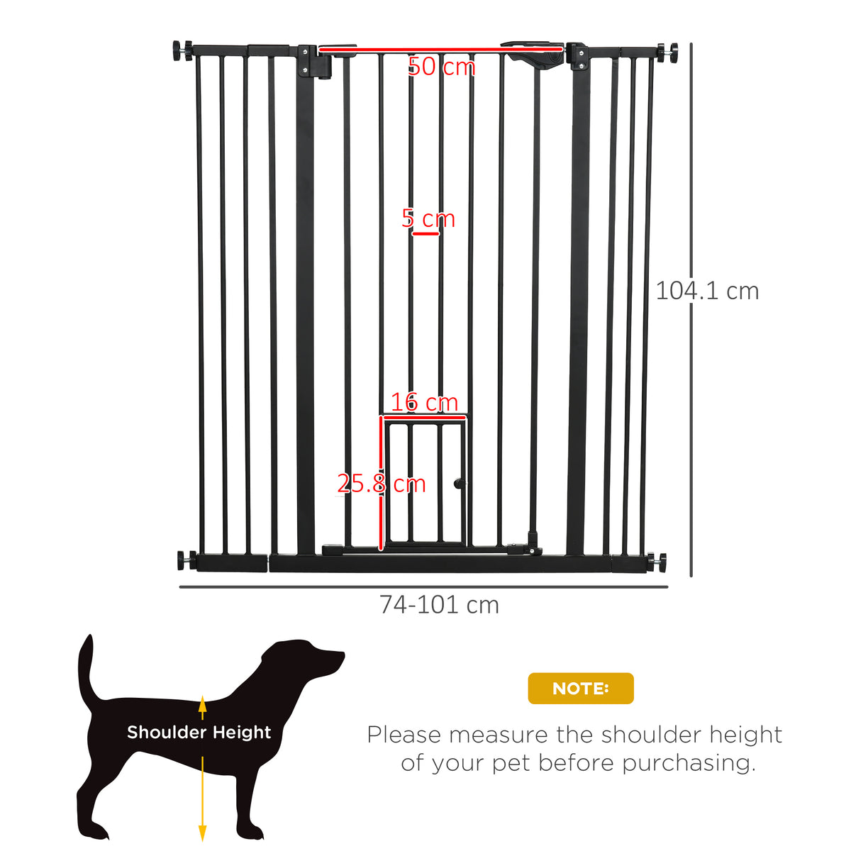PawHut Extra Tall Pet Gate, Indoor Dog Safety Gate, with Cat Flap, Auto Close, 74-101cm Wide - Black PawHut