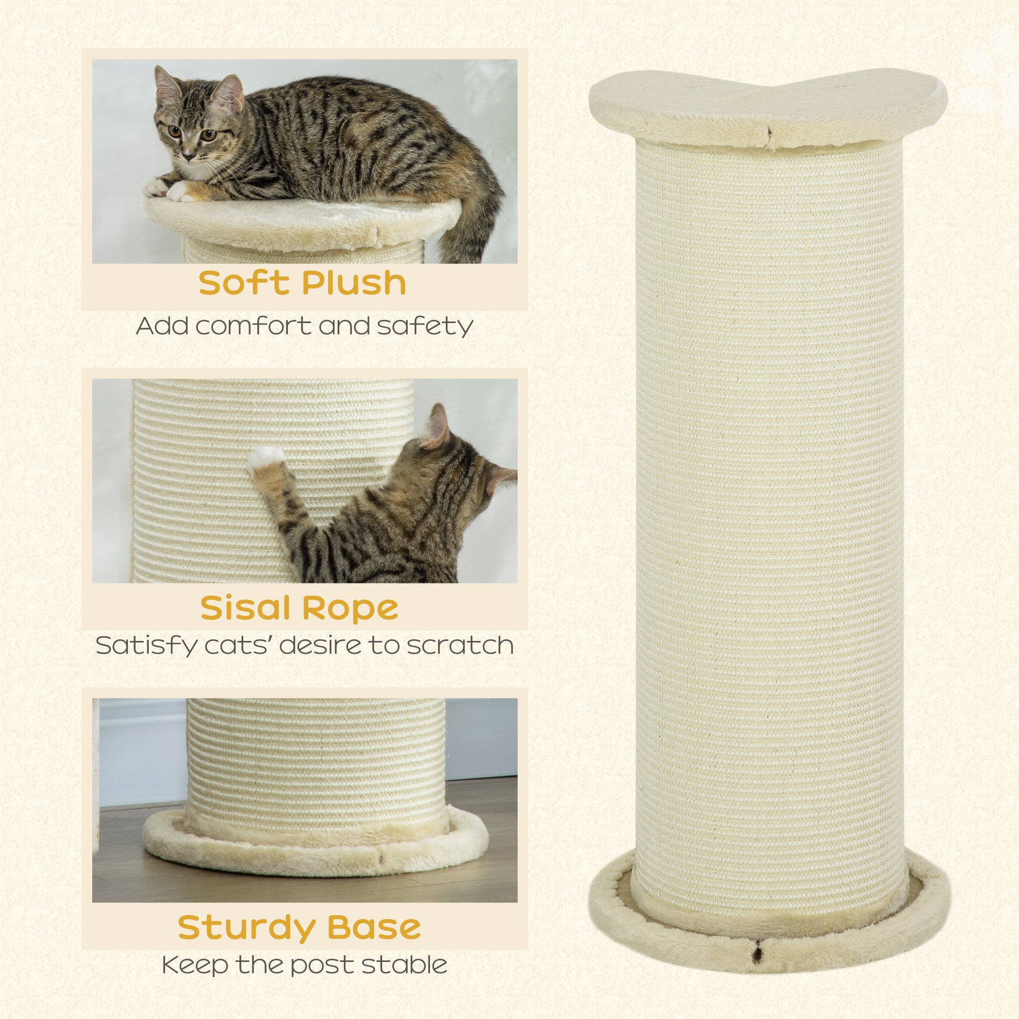 Cat Scratching Post: 85cm Tall with Sisal Rope, Soft Plush Cover, Anti-Tip Design for Indoor Use, Beige