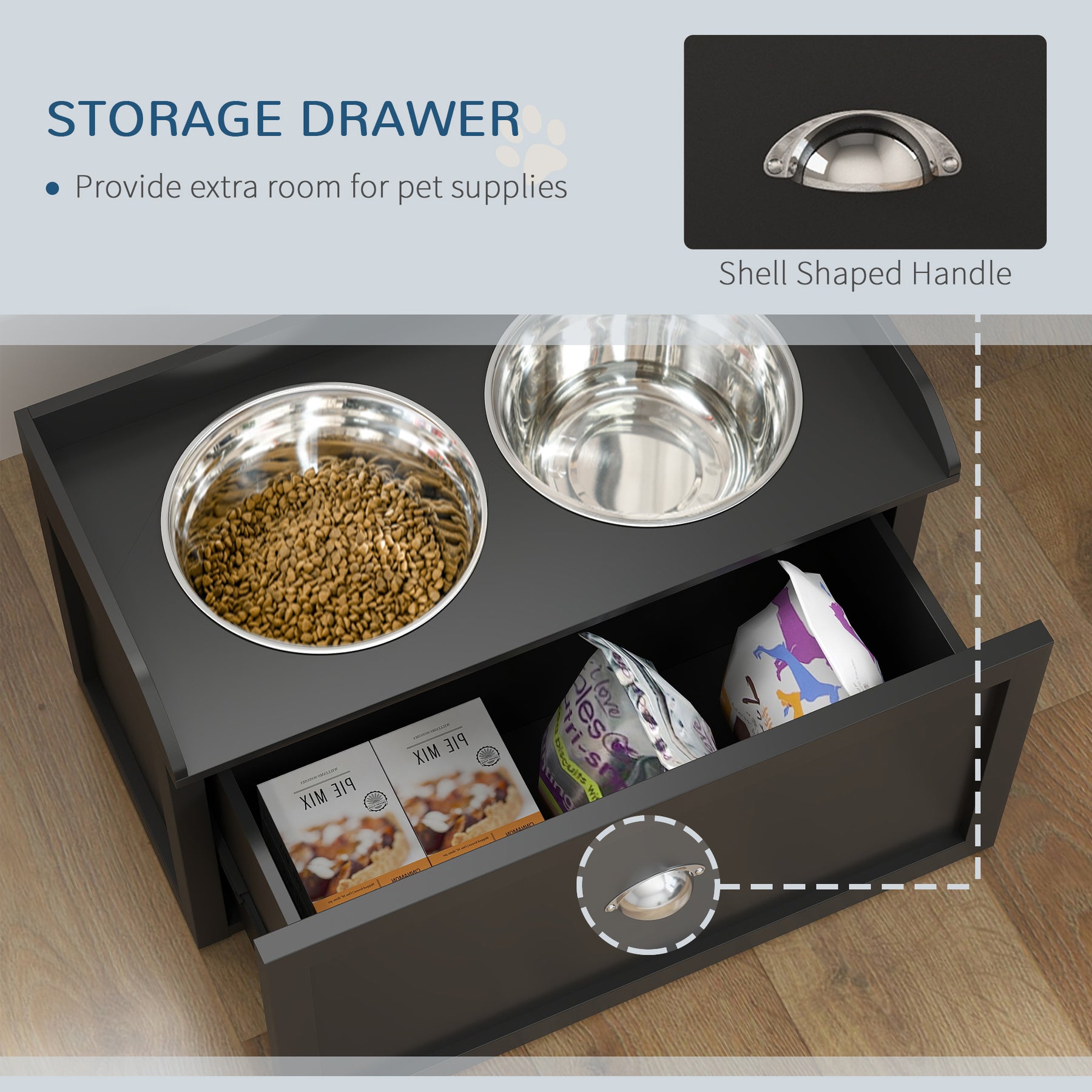 Elevated Dog Bowls in Stainless Steel, with 21L Food Storage Drawer, for Large Dogs and Cats, Black