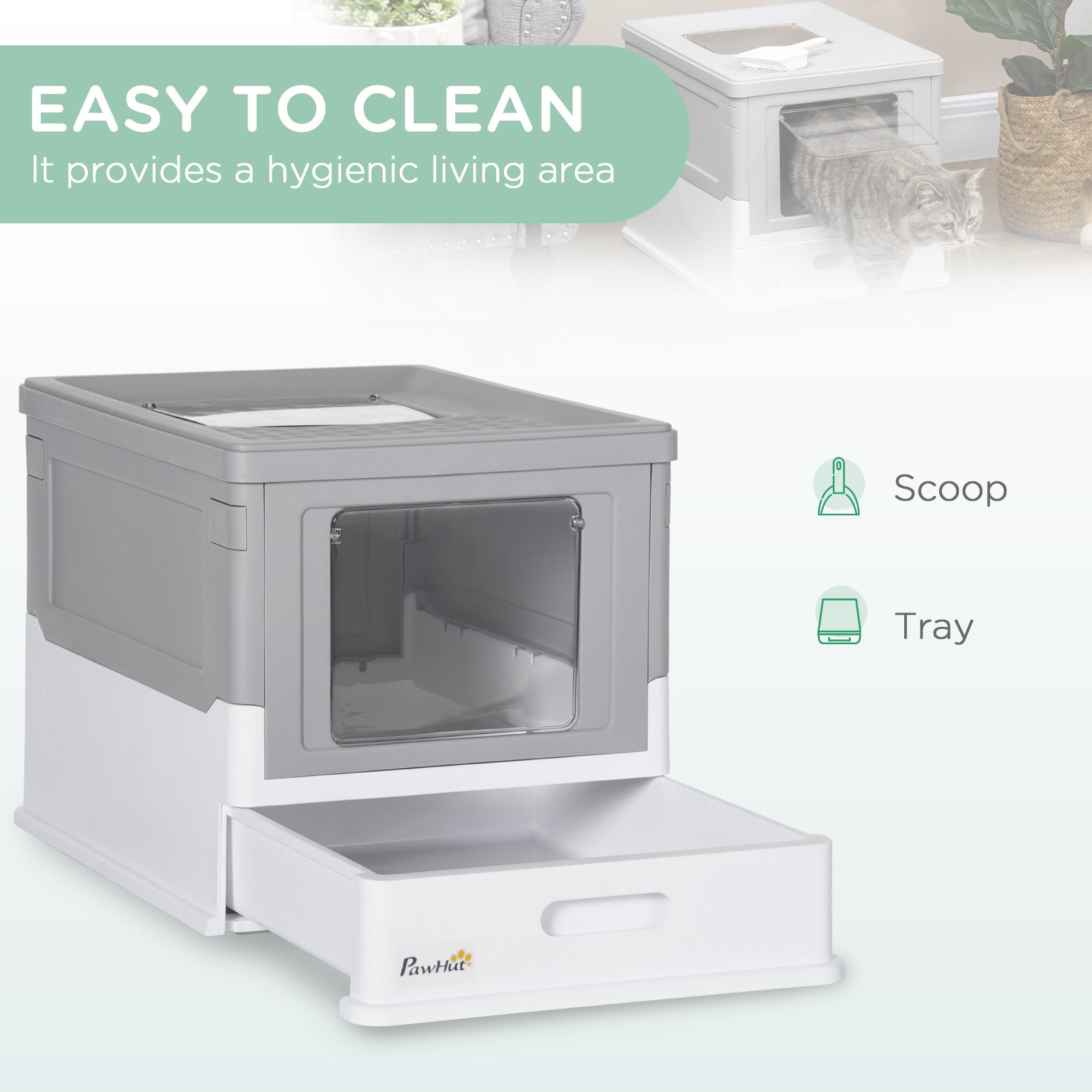 Hooded Cat Litter Box with Scoop, Front Entry Top Exit, Portable Pet Toilet, Large Space, Easy Assemble, Grey