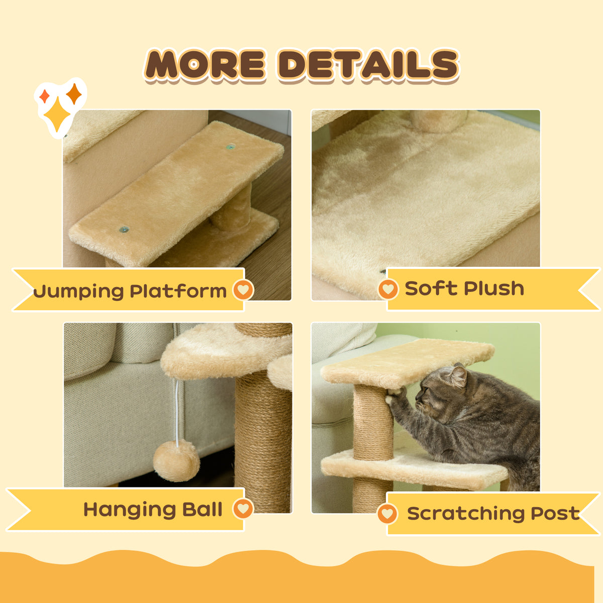 PawHut Adjustable Cat Steps, with House & Hanging Toy Ball - Beige PawHut