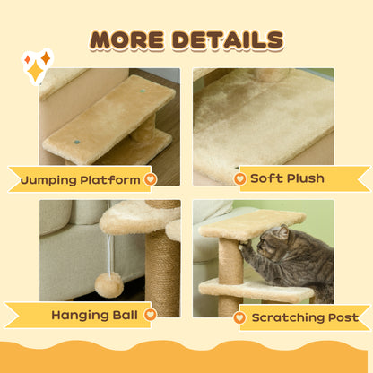 PawHut Adjustable Cat Steps, with House & Hanging Toy Ball - Beige PawHut