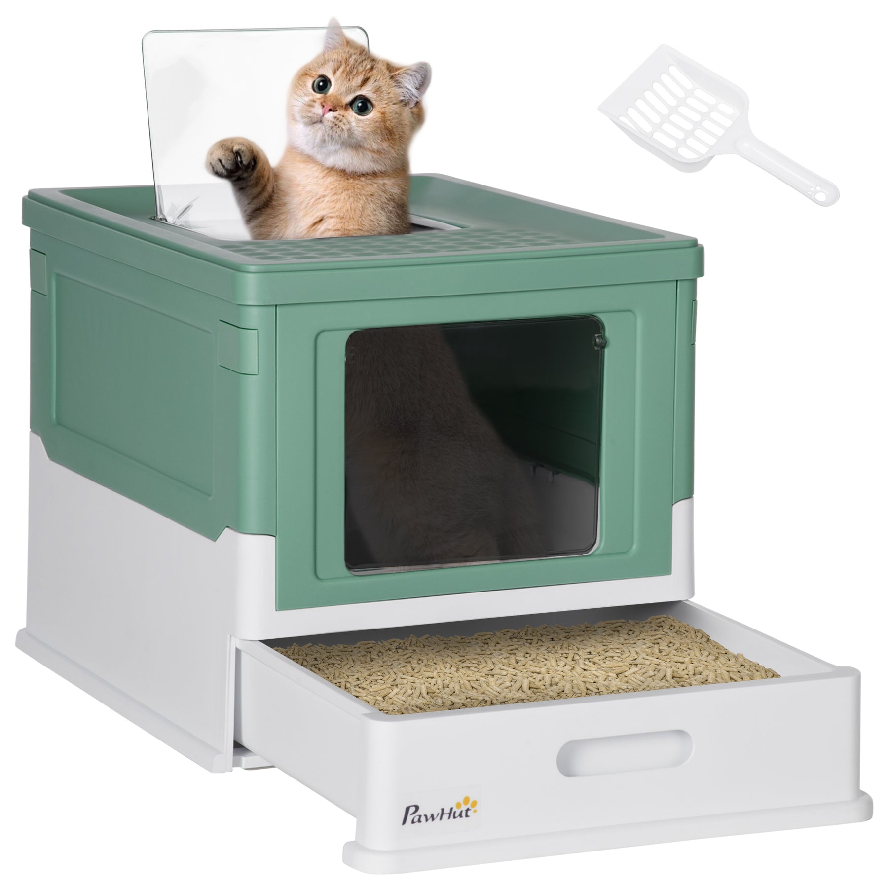 Enclosed Cat Litter Box with Scoop, Front Entry & Top Exit, Spacious Portable Pet Toilet, Green