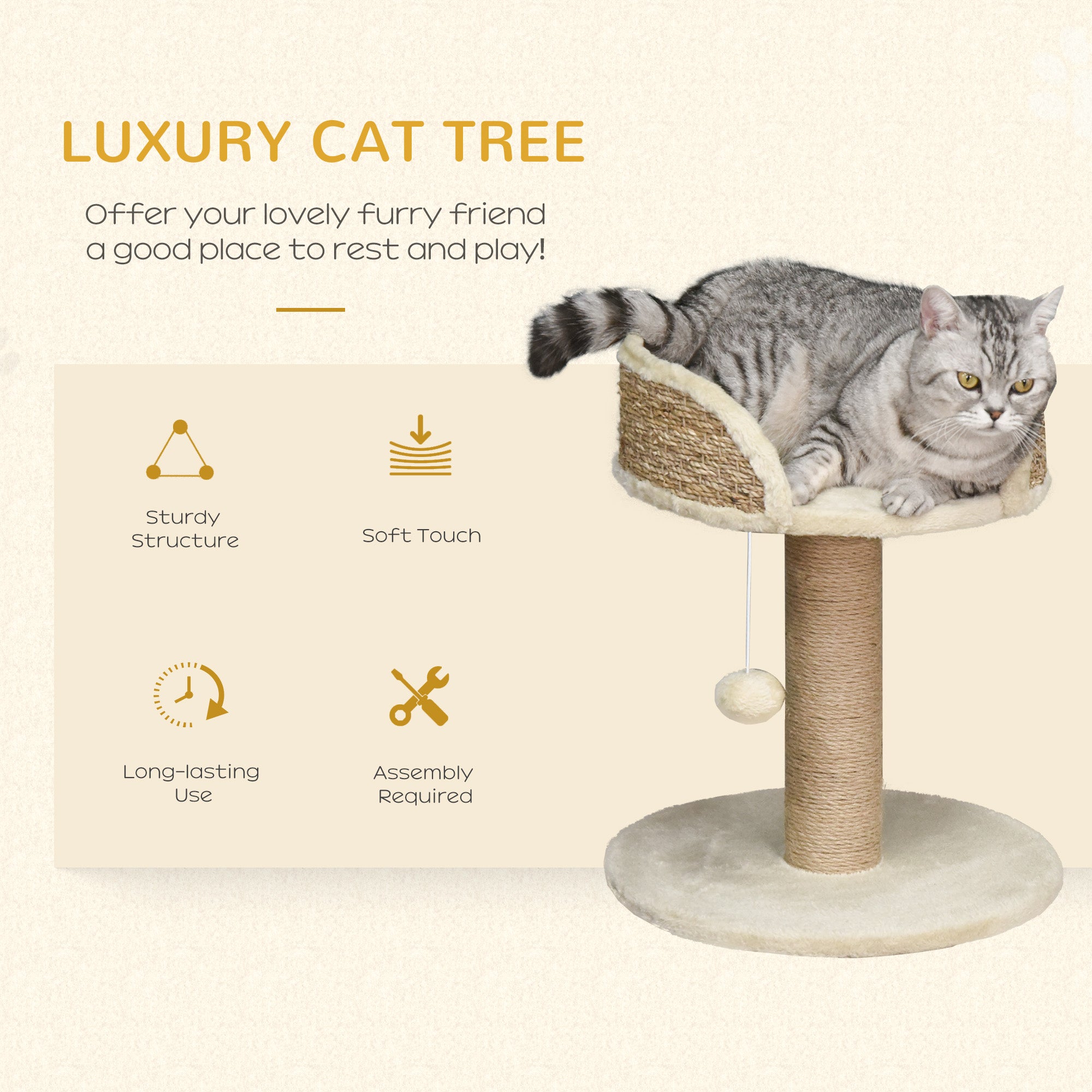 Cat Tree Tower Basics with Bed, Scratching Post, Activity Centre, Kitten House, Dangling Ball Perch, Beige