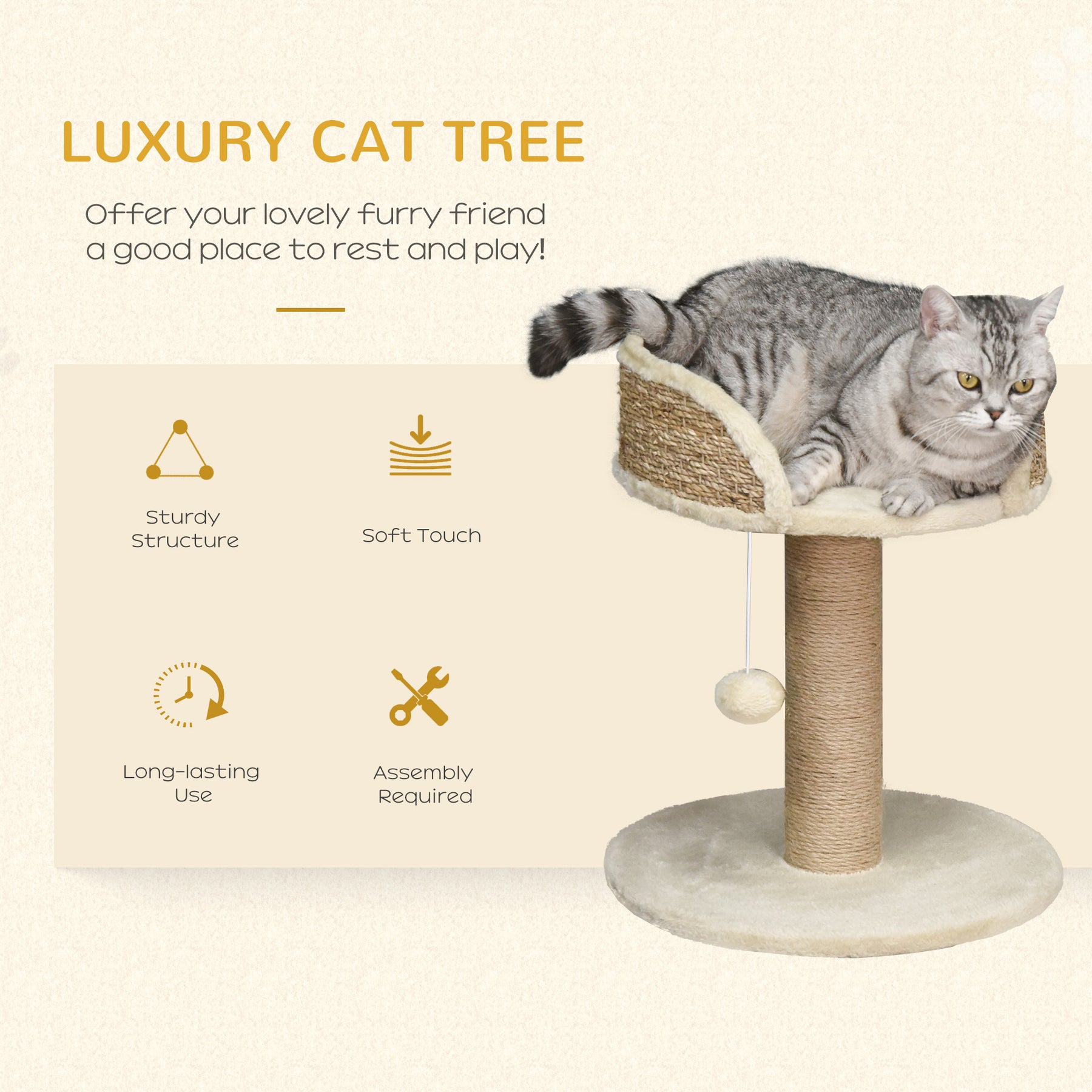 Cat Tree Tower Basics with Bed, Scratching Post, Activity Centre, Kitten House, Dangling Ball Perch, Beige