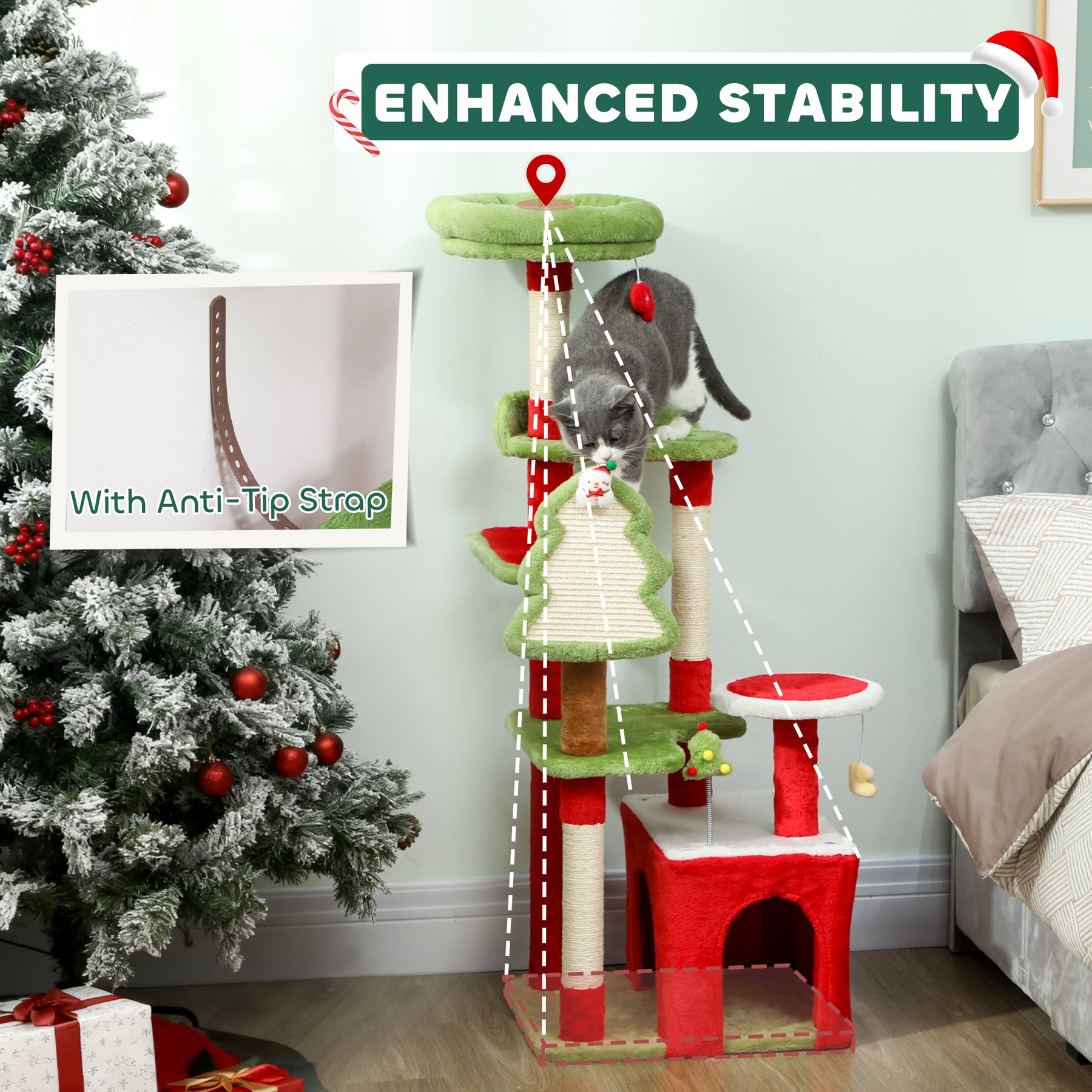 Cat Tree, Christmas Cat Tower with 3 Scratching Posts, Scratching Board, 2 Perches, Platforms, Toys, Green