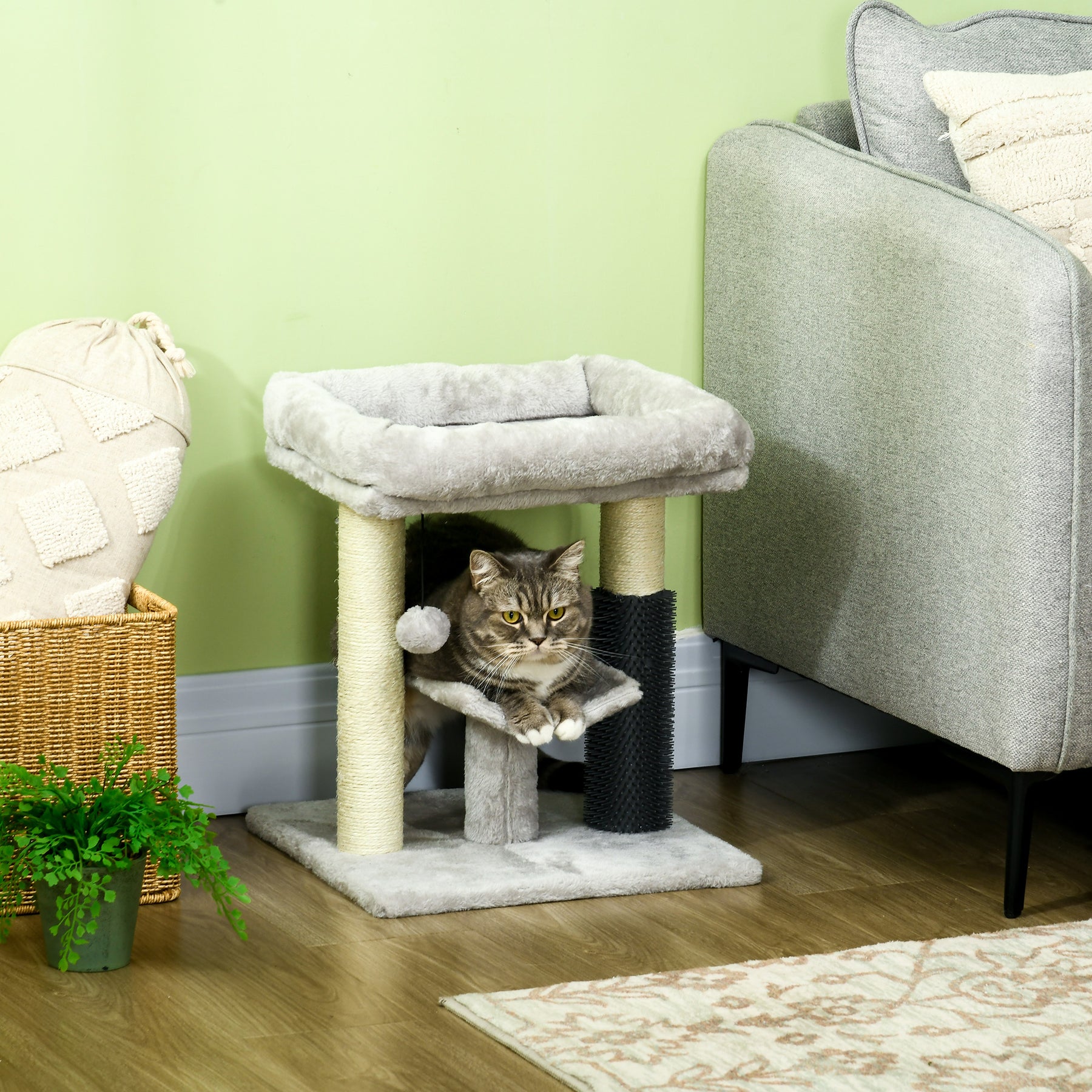 Kitty Climber Cat Tree with Self-Groomer, Scratching Post & Dangling Ball, Grey