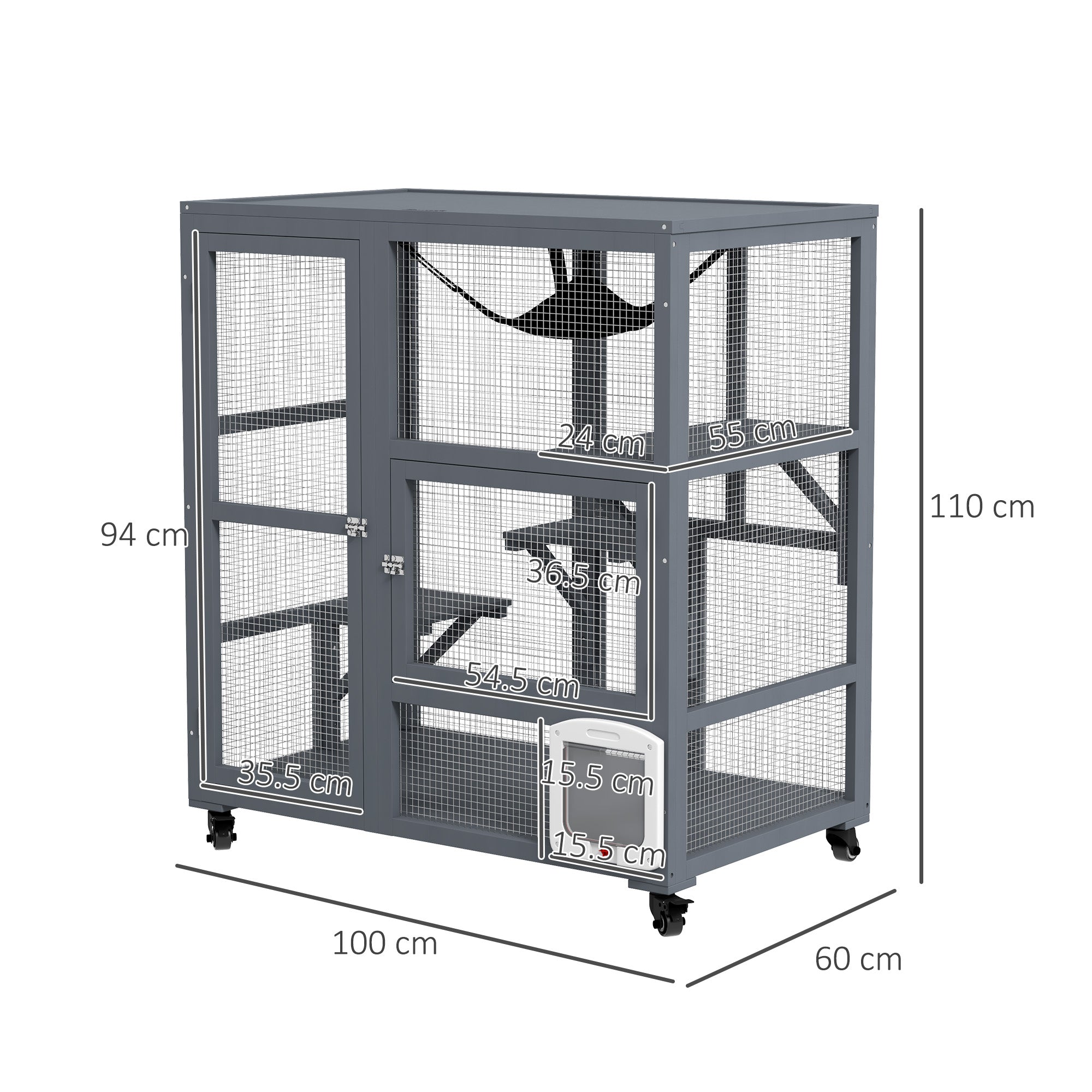 Cat Cage House, Catio Cat Outdoor Enclosure on Wheels, Weather-Resistant Wooden Kitty Cage with Platforms, Hammock, Light Grey