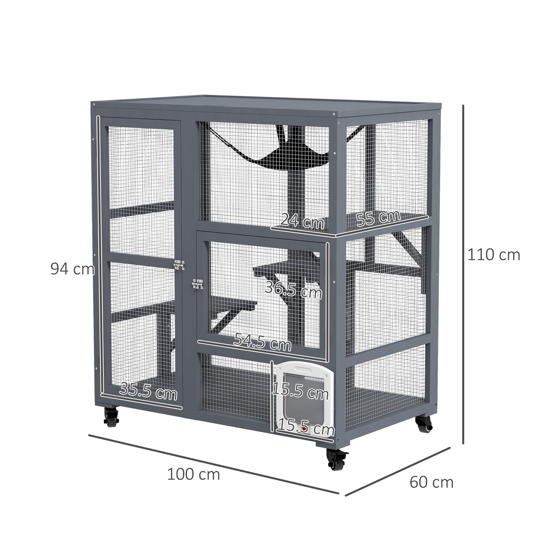 Cat Cage House, Catio Cat Outdoor Enclosure on Wheels, Weather-Resistant Wooden Kitty Cage with Platforms, Hammock, Light Grey