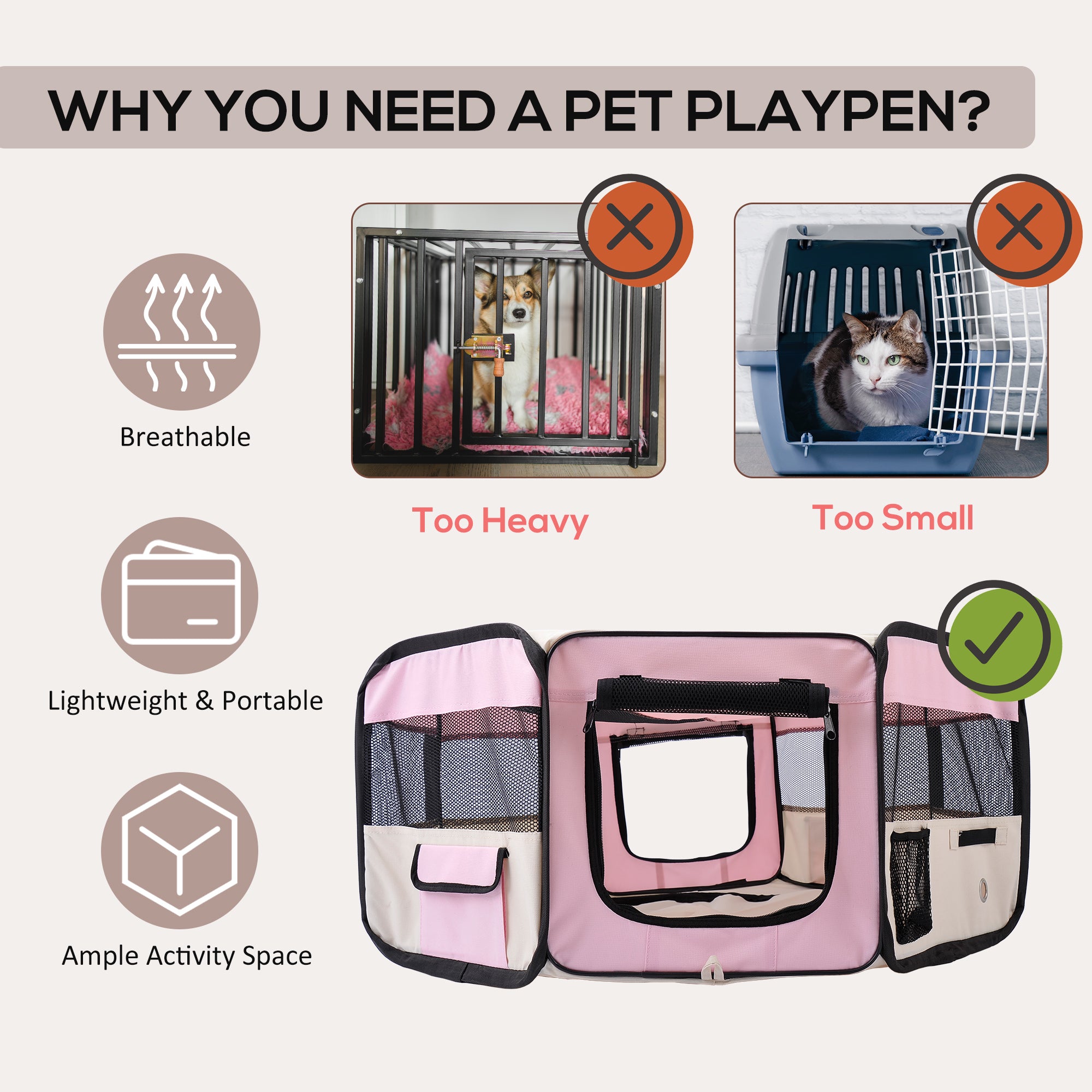 Playpen for Small Pets, Fabric Construction, Ideal for Puppies, Cats, Rabbits, Guinea Pigs, Pink and Cream