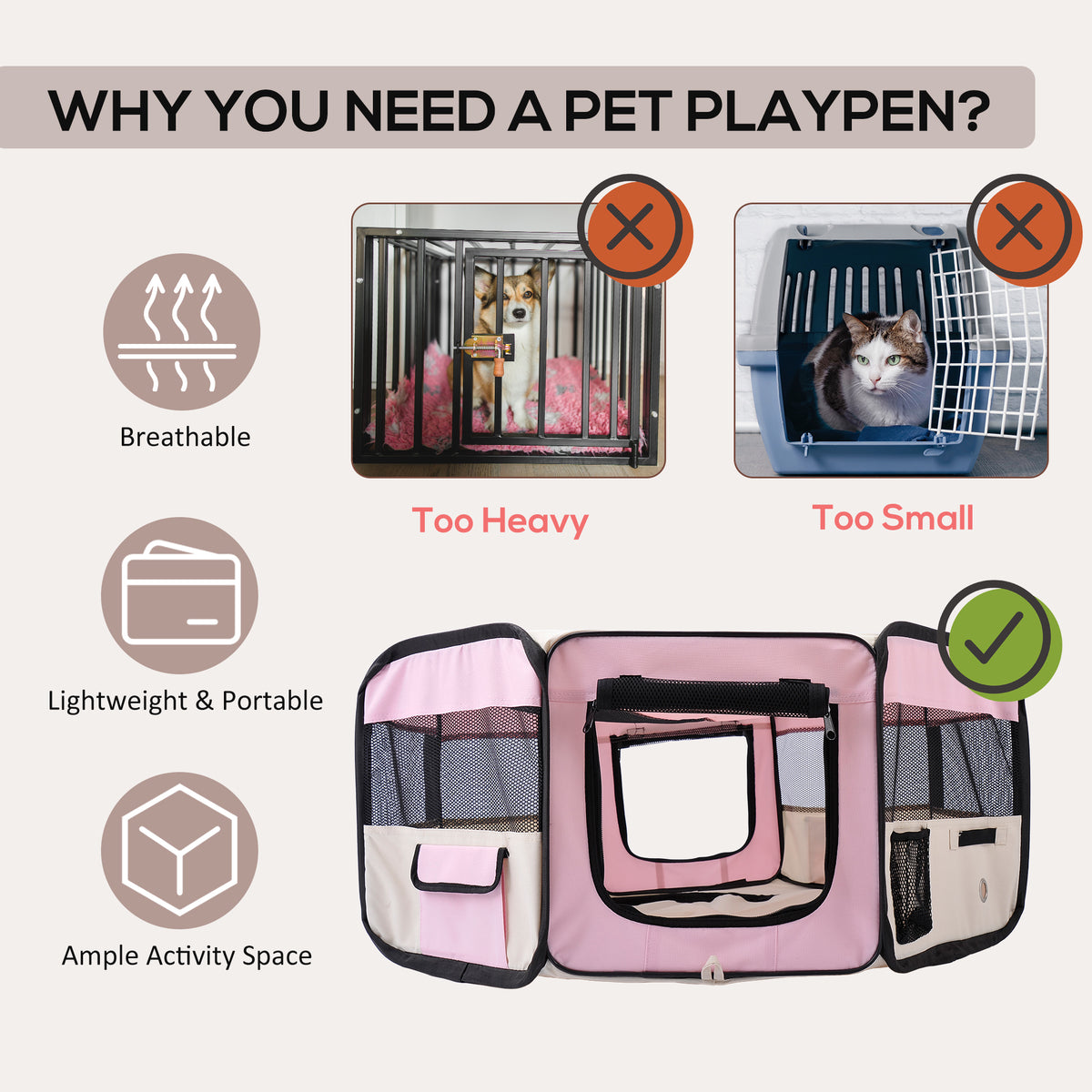 PawHut 600D Oxford Soft Fabric Kennel, Portable Lightweight Cat Dog Playpen, Foldable Pet Puppy Rabbit Guinea Pig Pen Run Dia 90 x 41H cm Indoor & Outdoor Pink PawHut