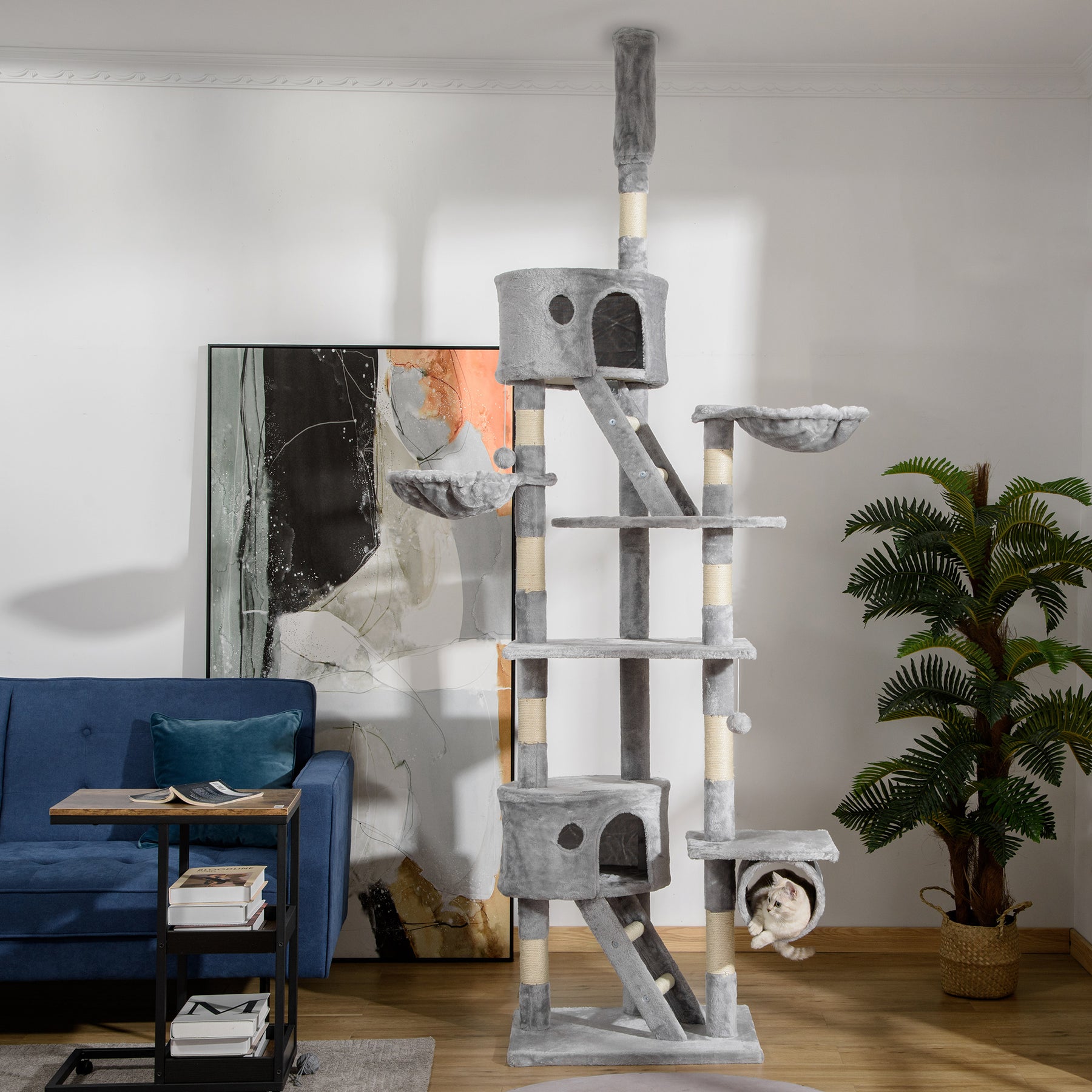 Floor to Ceiling Cat Tree for Indoor Cats Adjustable Height Light Grey