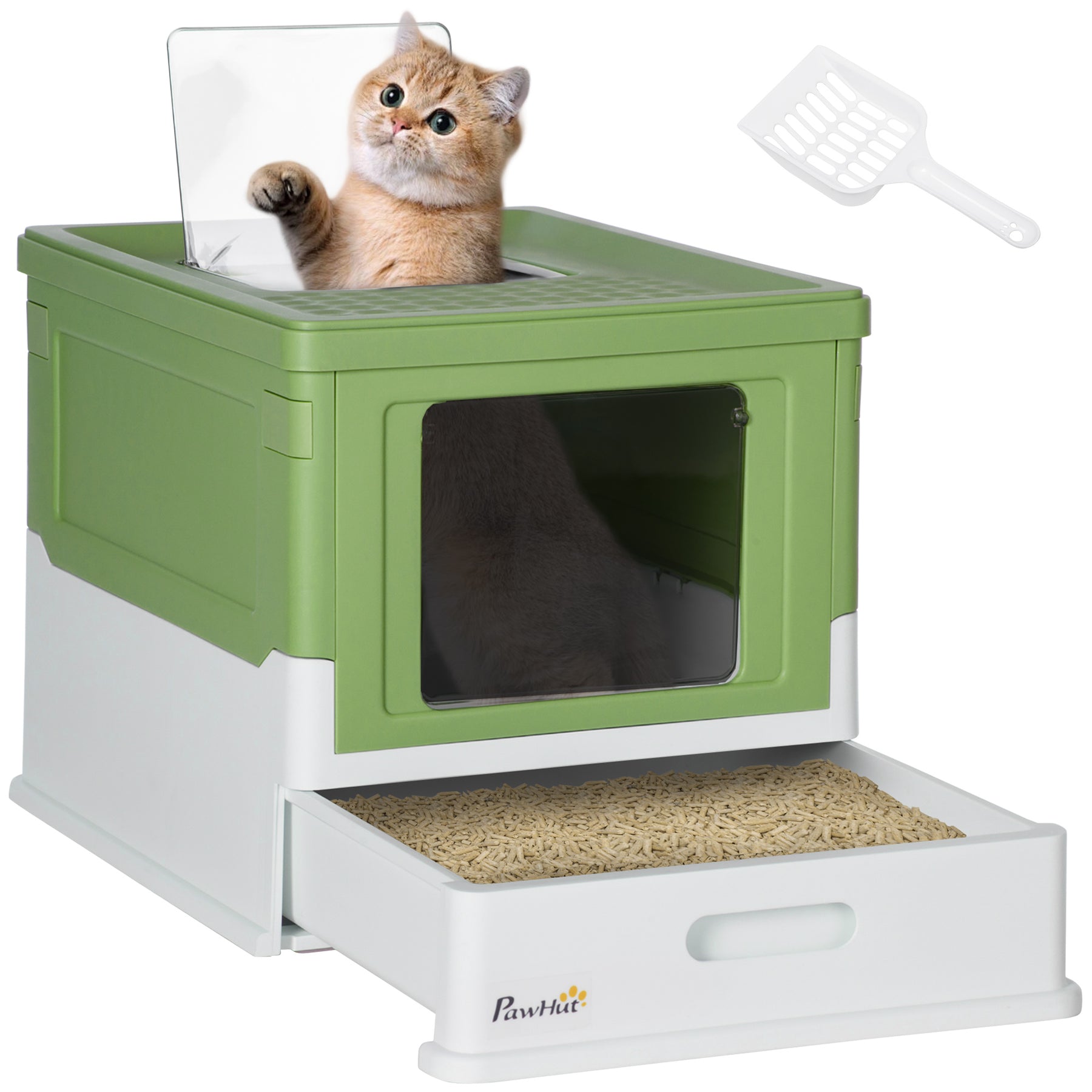Hooded Cat Litter Box, Portable Pet Toilet, with Scoop, Front Entry - Lime Green